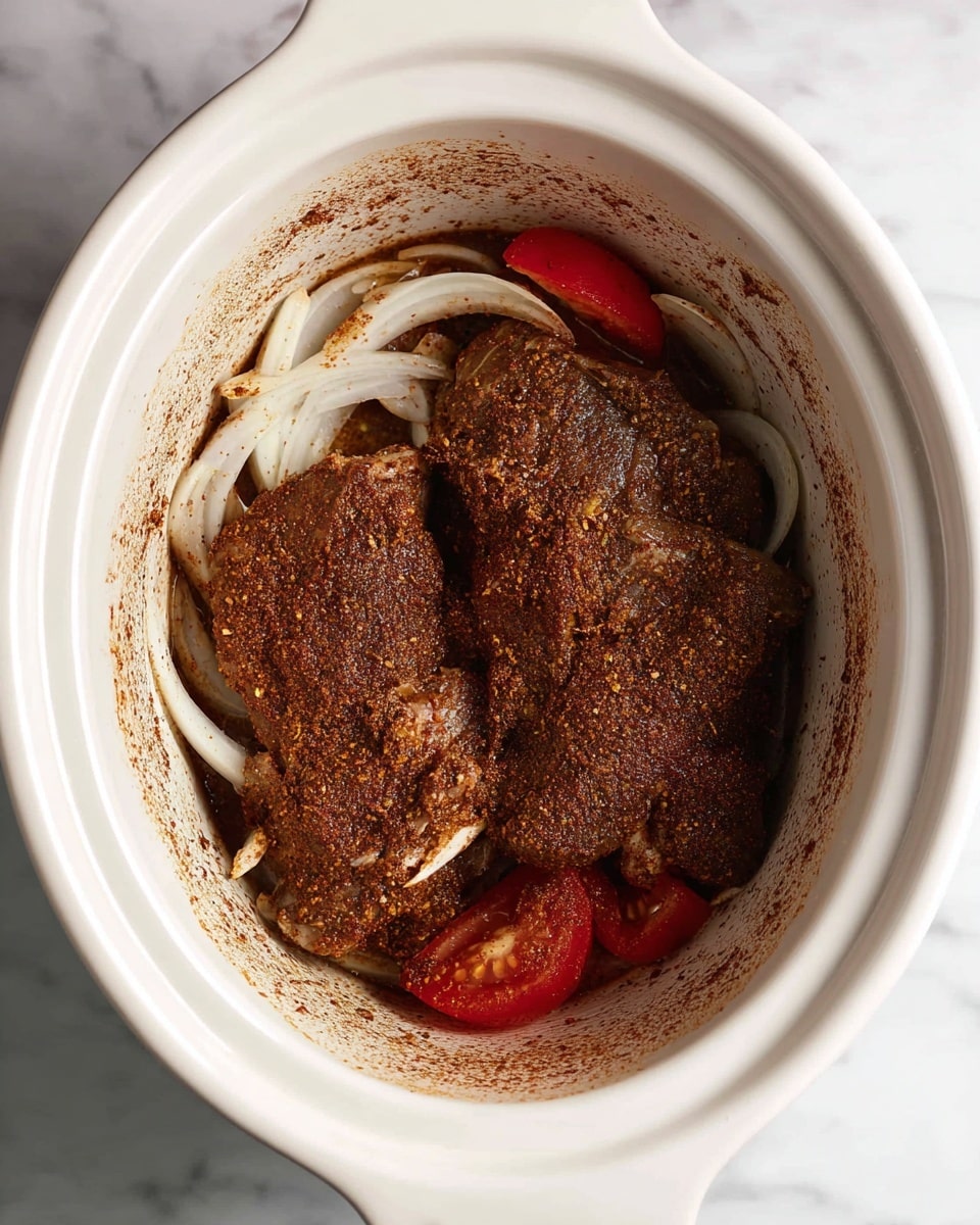 Inside a white slow cooker, there are two pieces of meat covered in a dark brown spice rub. Underneath the meat, thin slices of white onions are visible, along with some soft pieces of red tomatoes peeking out from the sides. The inside rim of the slow cooker has some brown spice marks. The dish sits on a white marbled surface. photo taken with an iphone --ar 4:5 --v 7