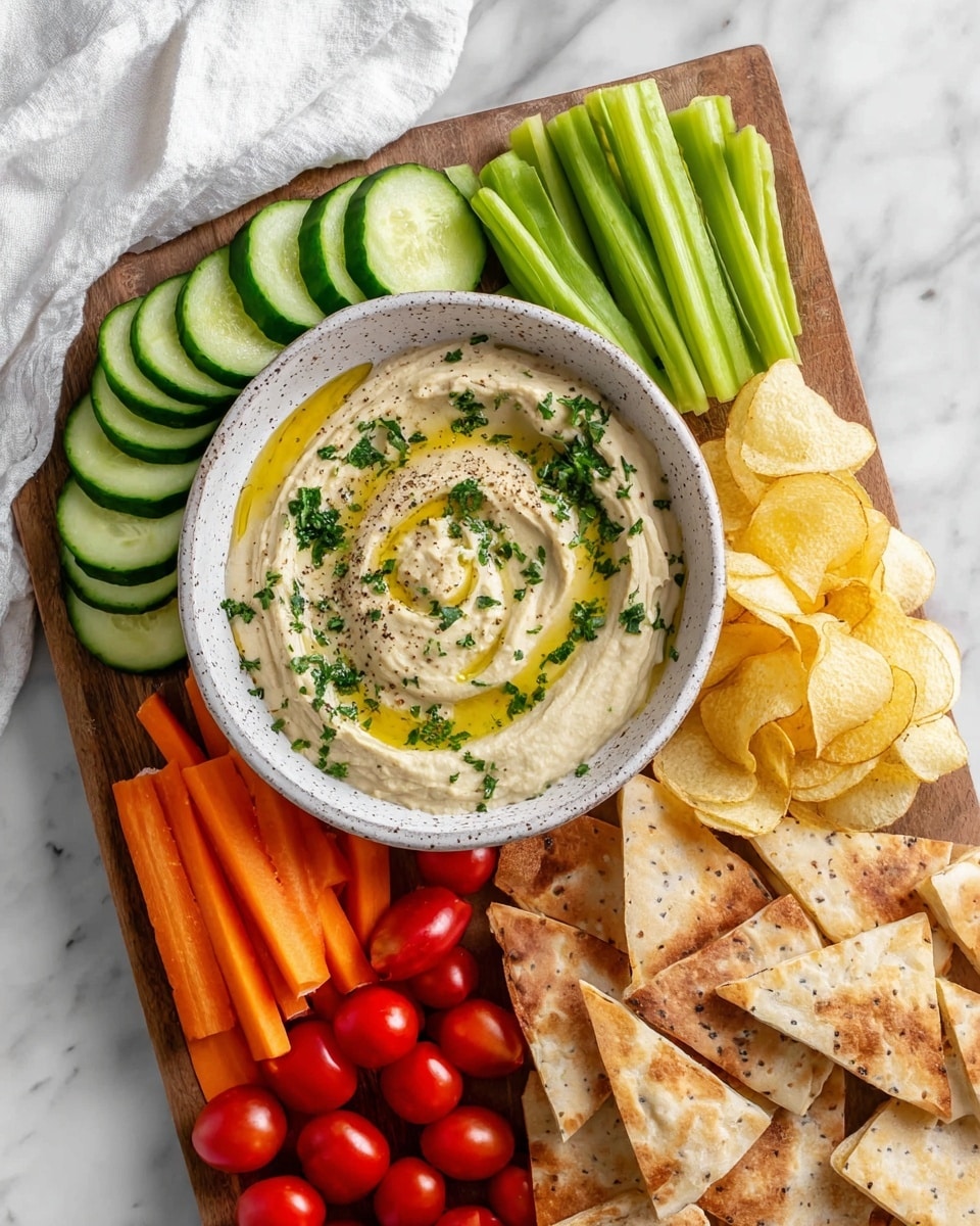 A white speckled bowl of creamy hummus sits on a wooden board, with a swirl pattern on top, drizzled with golden olive oil and sprinkled with chopped green herbs and black pepper. Around the bowl are fresh, green cucumber slices with dark green edges placed on the left, bright green celery sticks standing upright next to the cucumbers, and a pile of pale yellow crispy potato chips on the right. Below the bowl and vegetables, there are triangular, lightly charred pita bread pieces arranged in a neat pile, bright orange baby carrots on the left bottom edge, and shiny, red grape tomatoes clustered at the bottom center. The wooden board rests on a white marbled background with a white cloth partially visible at top left. photo taken with an iphone --ar 4:5 --v 7