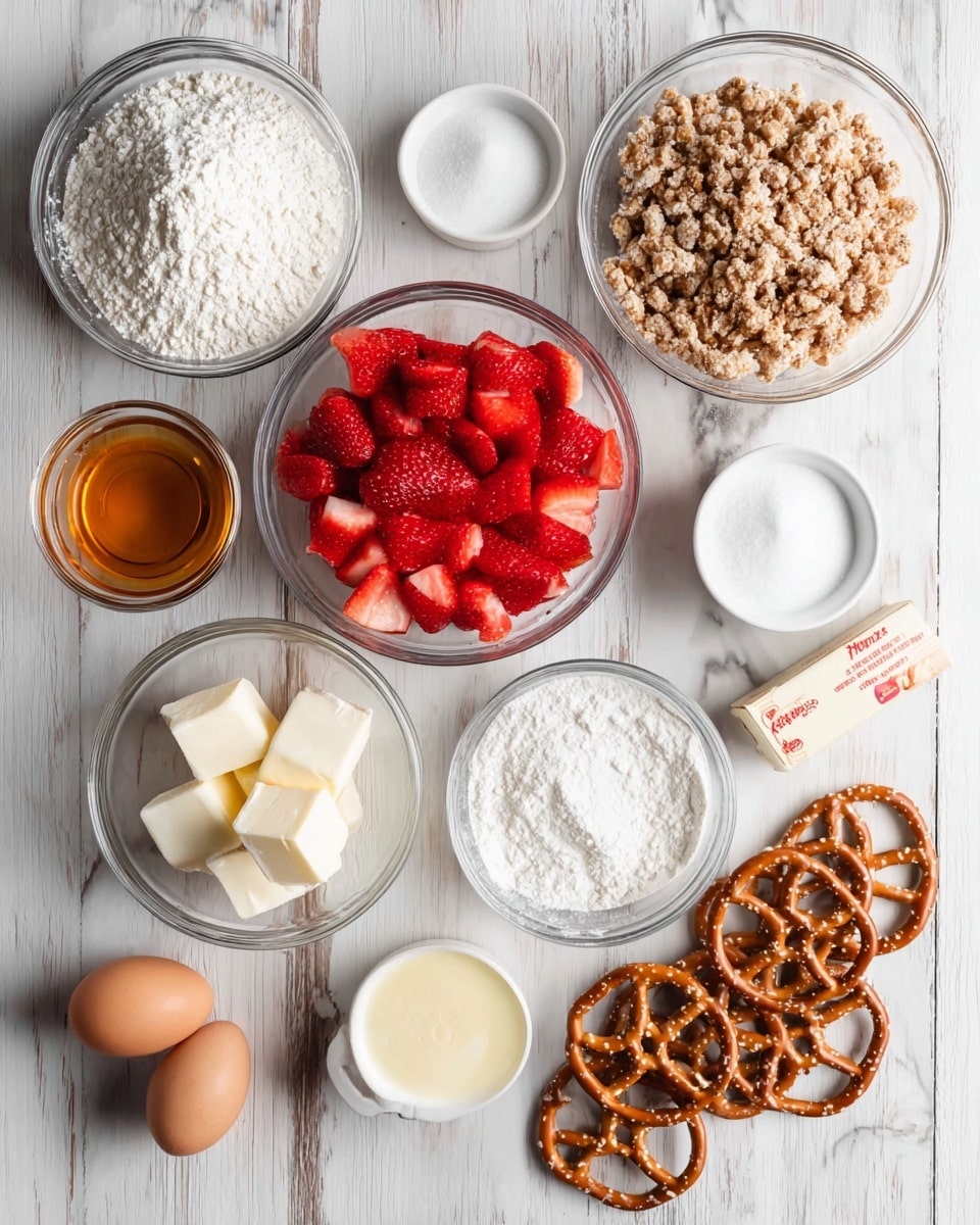 The image shows various baking ingredients arranged neatly on a white marbled surface. There are ten clear bowls in total: one with chopped red strawberries in the middle, one at the top right filled with light brown crushed pretzels, another at far left with white flour, one small bowl with two blocks of soft white cream cheese below the strawberries, and small bowls containing white powdered sugar, granulated white sugar, an amber liquid, and a pale yellow liquid near the bottom. A stick of unsalted butter with a cream wrapper is near the bottom right, next to an egg on the white marbled texture. Several whole pretzels are scattered to the right of the bowl with crushed pretzels. Photo taken with an iphone --ar 4:5 --v 7