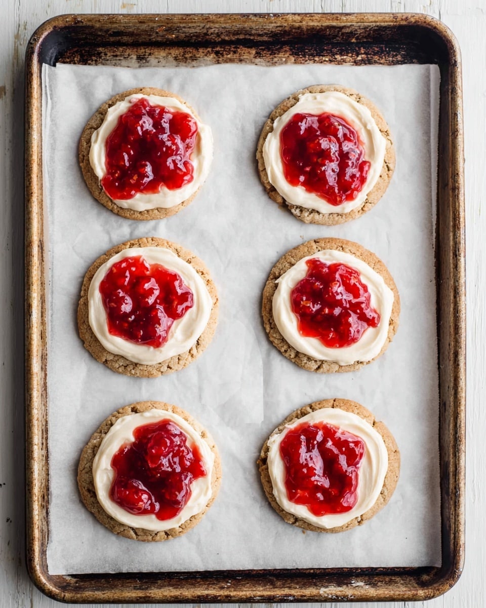 The image shows six round cookies placed in two columns and three rows on a baking tray lined with white parchment paper. Each cookie has three visible layers: the bottom layer is a light brown, slightly crumbly cookie base, the middle layer is a smooth, creamy white frosting spread evenly over the cookie, and the top layer is a bright red, glossy fruit jam with chunks, unevenly spread on the frosting. The baking tray has a rustic metal look, and the overall setting is simple with a plain background. photo taken with an iphone --ar 4:5 --v 7