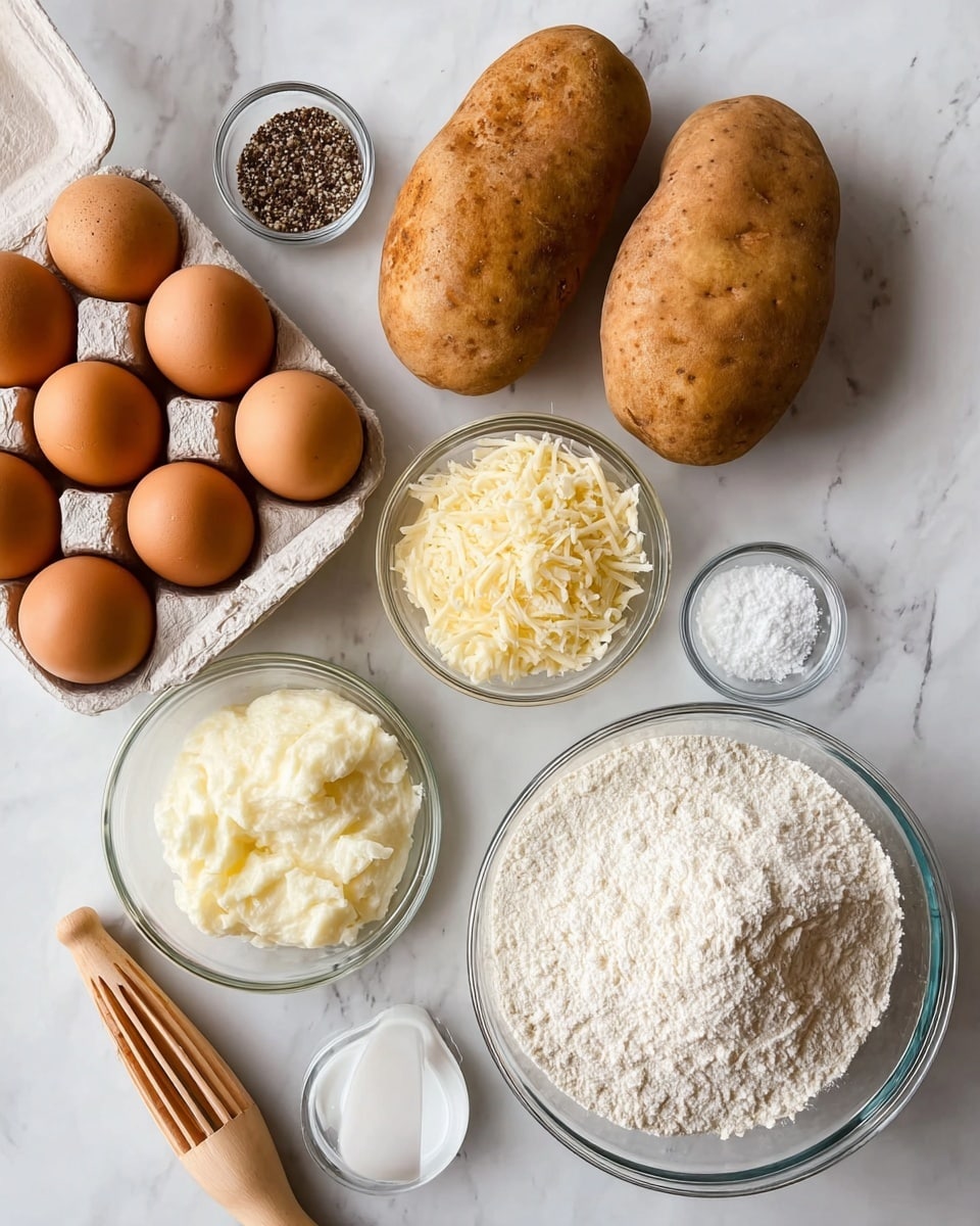 The image shows raw ingredients arranged neatly on a white marbled surface. There are two large, brown potatoes placed at the top. Below them, three clear glass bowls hold different items: one with soft, white mashed texture, another with finely grated pale yellow cheese, and the third with coarse white salt. A smaller clear bowl contains coarsely ground black pepper. On the left side, a carton holds four brown eggs, with part of the carton visible. On the right, a larger clear bowl is filled with white flour, and a white measuring cup is partially buried in the flour. Next to the flour bowl, a light wooden potato masher is placed. The overall setup is clean and simple, with the ingredients clearly visible on the white marbled background. photo taken with an iphone --ar 4:5 --v 7