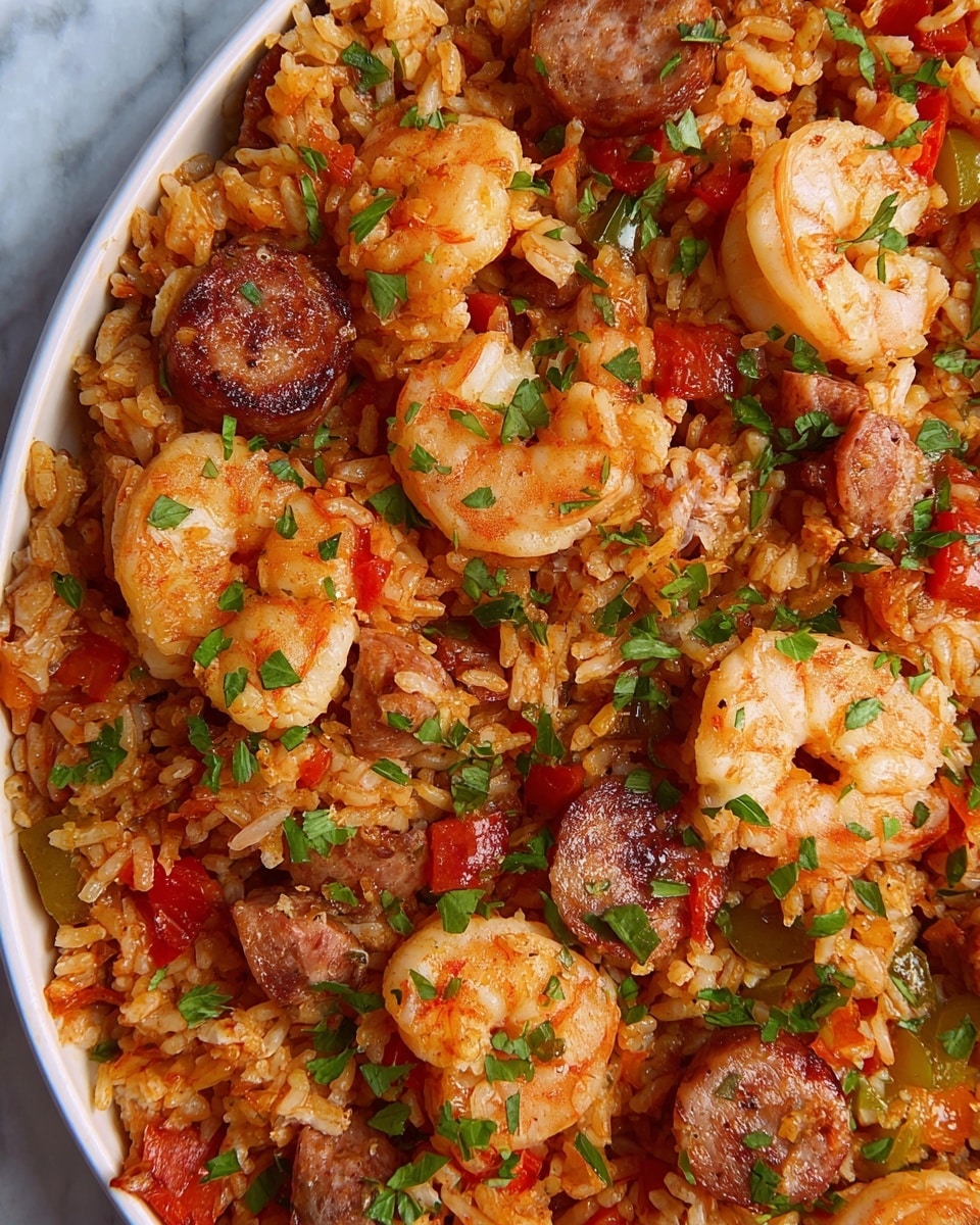 This close-up image shows a mixed dish of seasoned rice with shrimp and sausage. The bottom layer is orange-brown rice mixed with small bits of red and green bell peppers and onions, giving it a slightly moist and textured look. Scattered throughout, there are plump pink shrimp with a light char, some still with tails, and round slices of browned sausage that add a darker reddish-brown contrast. The dish is sprinkled with chopped fresh green herbs on top, creating small bright green spots against the warm tones of the rice, shrimp, and sausage. The photo is taken against a white marbled background. photo taken with an iphone --ar 4:5 --v 7