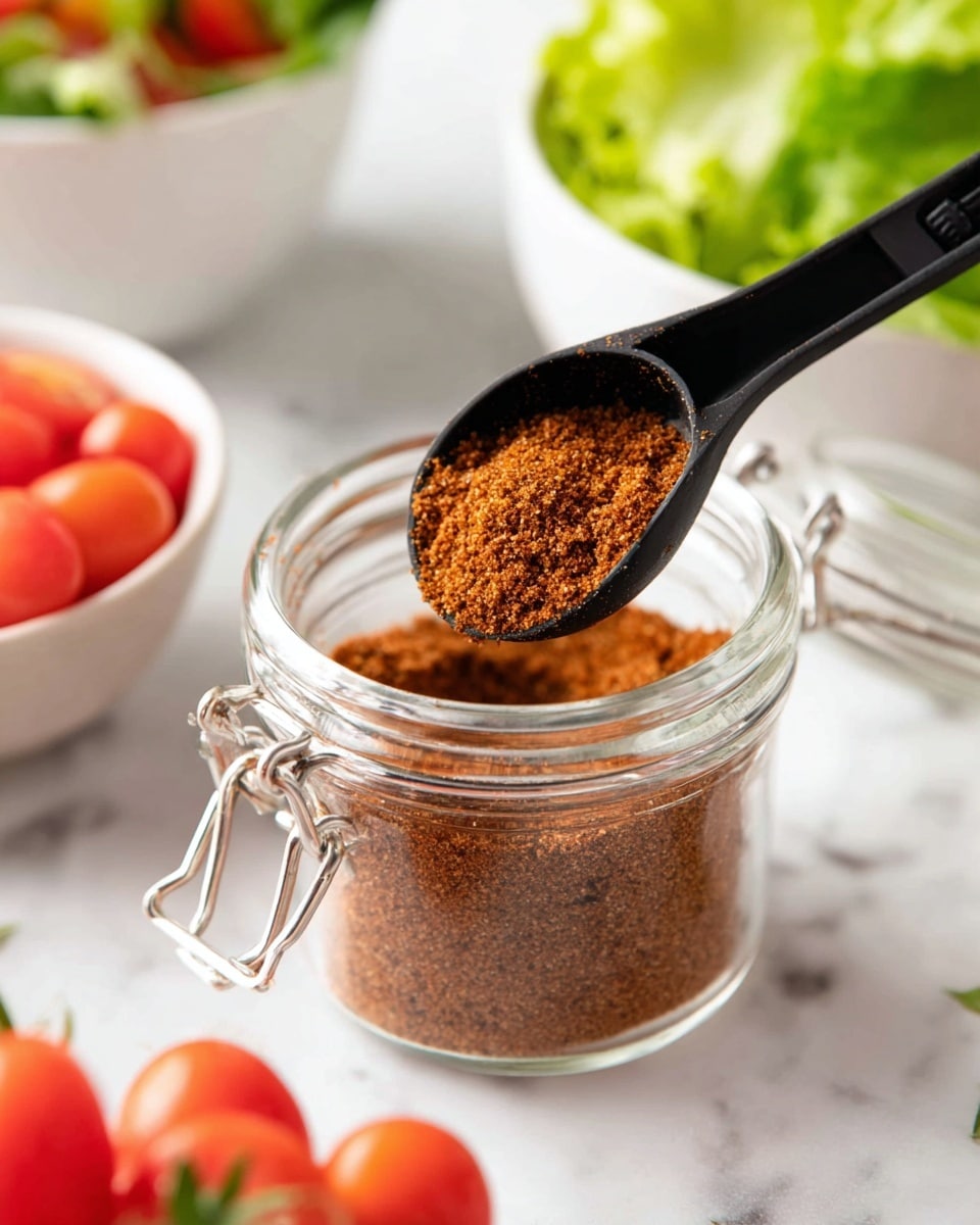 A clear glass jar filled with a coarse, reddish-brown spice mix is in the center, with a black spoon scooping a rounded heap of the spice. Behind the jar, on a white marbled surface, there are two white bowls, one holding bright green lettuce and the other filled with red cherry tomatoes. The scene is bright and clean, with a focus on the texture and color of the spice inside the jar. photo taken with an iphone --ar 4:5 --v 7