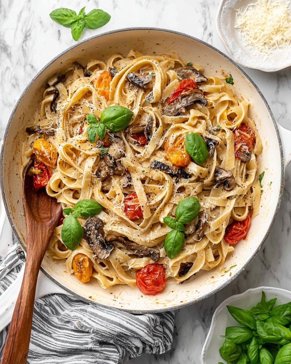 A white pan filled with creamy pasta made of thick, flat noodles tossed with dark brown sautéed mushroom strips and scattered pieces of red and orange roasted tomatoes; a light dusting of grated cheese and black pepper is sprinkled over the noodles, along with fresh green basil leaves placed on top, and a wooden spoon rests on the left side inside the pan. The scene is set on a white marbled surface with a striped gray and white cloth partially visible under the pan handle, a small white dish with grated cheese on the upper right, and a white plate with more fresh basil leaves on the bottom right. Photo taken with an iphone --ar 4:5 --v 7