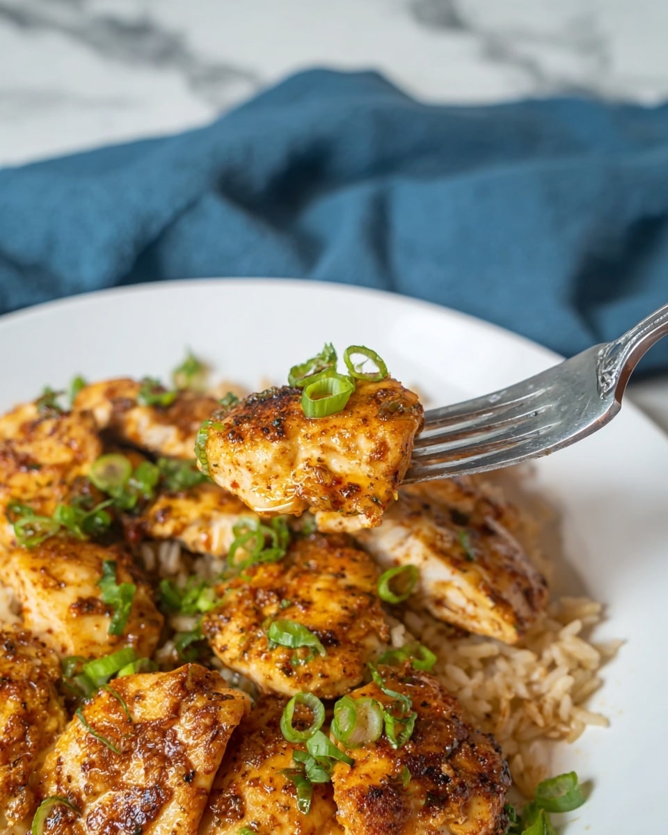 The image shows a white plate filled with several pieces of golden-brown seasoned cooked chicken layered on top of a bed of light brown rice mixed with small green onion slices. A fork holds up a single piece of chicken garnished with green onion rings, showing its slightly crispy texture and spicy seasoning. The background is a white marbled texture with a blue cloth softly folded behind the plate. The green onions add a fresh splash of color against the warm, earthy tones of the chicken and rice. Photo taken with an iphone --ar 4:5 --v 7