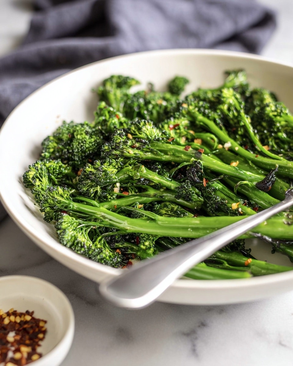 A white shallow bowl filled with bright green roasted broccolini, showing dark charred spots on the florets and stems, giving a slightly crispy texture. The broccolini is mixed with small bits of minced garlic and sprinkled with tiny red chili flakes, adding color contrast. A silver fork rests inside the bowl on the right side, partially buried in the broccolini. The bowl is placed on a white marbled surface, with a blurred gray cloth in the background and a small white dish containing chili flakes slightly visible to the left. The lighting highlights the vibrant green hues and texture of the broccolini. Photo taken with an iphone --ar 4:5 --v 7