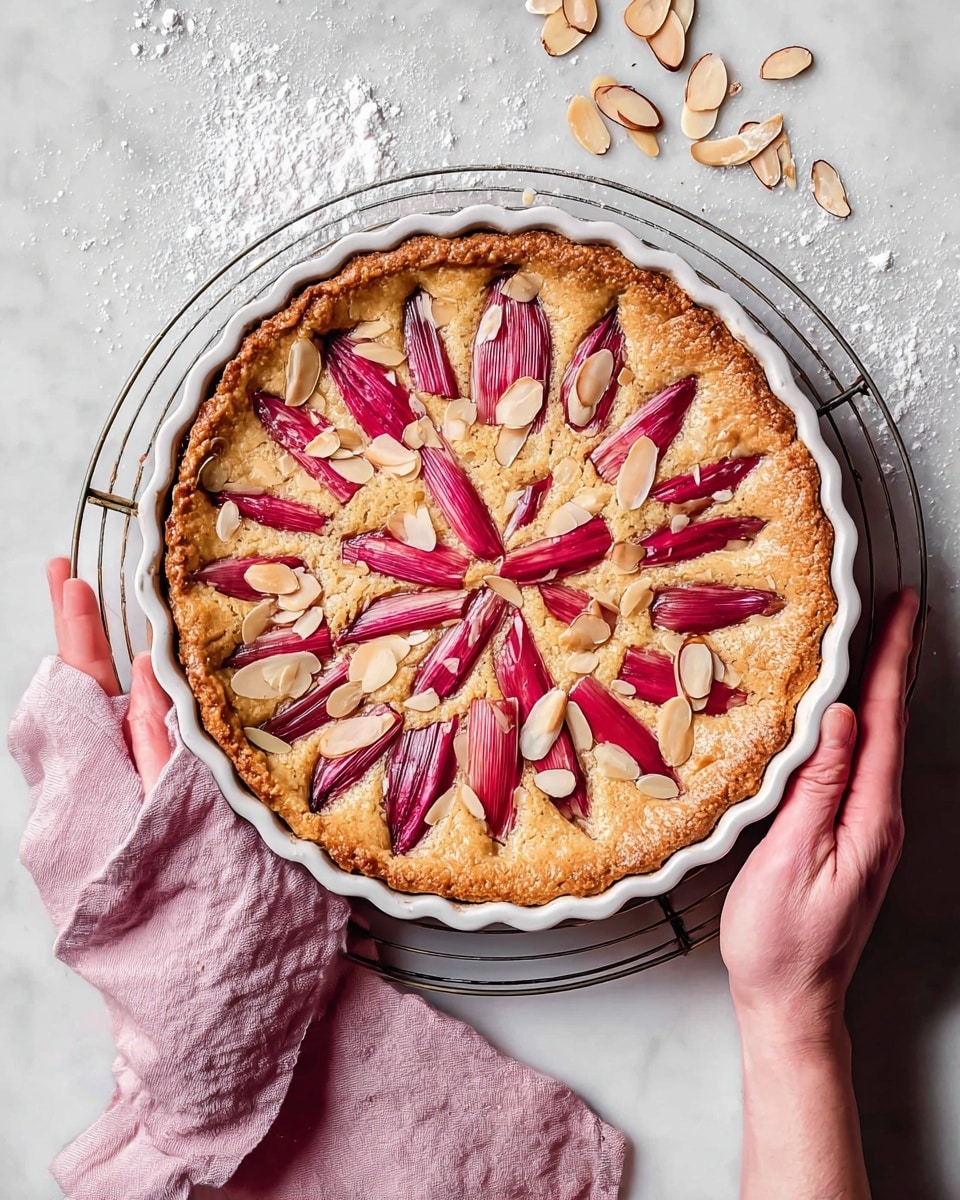 A round tart with a golden-brown baked crust and filling, topped with deep pink rhubarb pieces arranged in a radiating pattern from the center outward; between the pink rhubarb are textured light golden, slightly grainy almond filling segments, with thin toasted almond slices scattered on top near the edges; the tart sits inside a white scalloped ceramic dish resting on a metal wire rack over a white marbled surface, and a woman’s hands hold the dish with a soft pink cloth under it; a few almond slices and a dusting of flour are scattered around the tart photo taken with an iphone --ar 4:5 --v 7