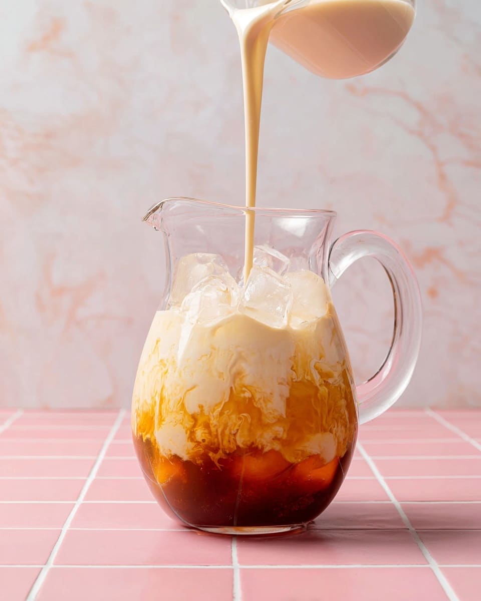 A clear glass pitcher filled with two layers: the bottom layer is a dark amber liquid with an uneven texture, and the top layer is a light cream color mixing in with the amber below, creating soft swirls. Ice cubes are visible floating in the middle and upper part of the pitcher. A pale cream-colored liquid is being poured from the top, adding to the creamy layer. The pitcher is placed on a pink tiled surface with white grout, and the background features a white marbled texture. photo taken with an iphone --ar 4:5 --v 7