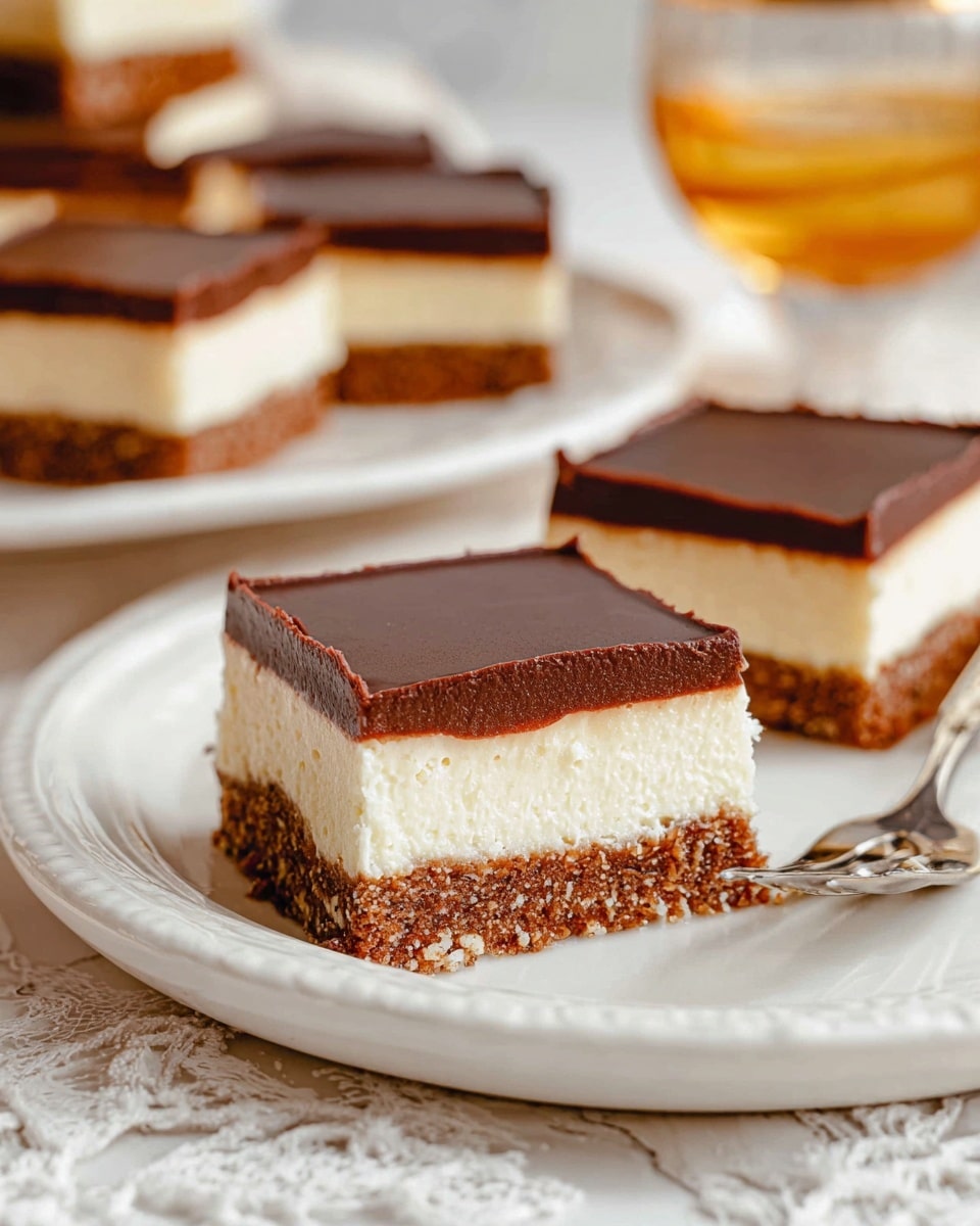 The image shows several square dessert bars on a white plate, each with three clear layers: a crumbly brown crust on the bottom, a thick and smooth white middle layer, and a shiny, smooth dark brown chocolate layer on top. The bars are arranged close to each other on the plate, and a silver fork is placed on the right side of the front bar. The background features a white marbled texture with a blurred golden-yellow glass and more dessert bars out of focus. The photo taken with an iphone --ar 4:5 --v 7