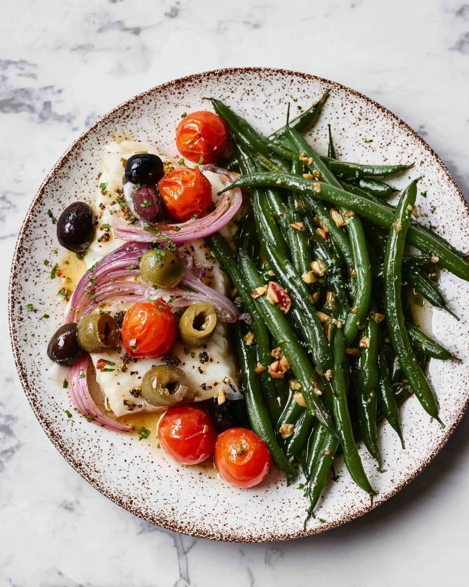 A white speckled plate holds the dish on a white marbled surface. On the left side, there are two pieces of white fish topped with slices of light pink shallots, black and green olives, and bright red cherry tomatoes, some whole and some halved. On the right side, there is a pile of shiny green beans mixed with small pieces of garlic. The plate rim is a speckled brown color. Photo taken with an iphone --ar 4:5 --v 7