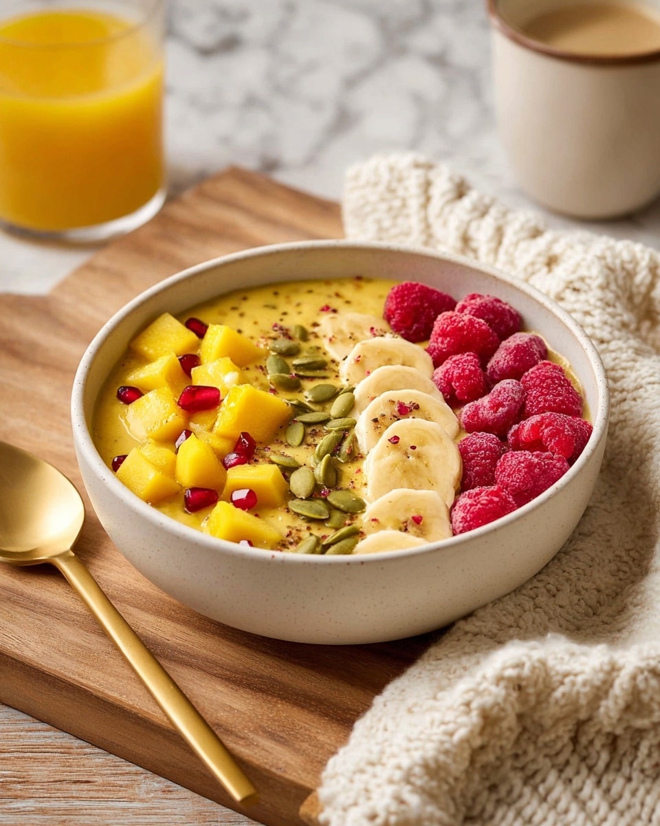 A white bowl contains a smoothie topped with three distinct layers arranged side by side: on the left are bright yellow mango cubes with small pomegranate seeds and green pumpkin seeds sprinkled on top, in the middle is a creamy golden yellow smoothie base with seeds and tiny red fruit pieces scattered over it, and on the right are light yellow banana slices with more pumpkin seeds and pomegranate seeds, followed by a cluster of vibrant red raspberries on the edge. The bowl sits on a wooden surface with a cream knitted cloth nearby, and a golden spoon is placed underneath the bowl. In the background, there is a white marbled textured surface and a glass with orange juice. Photo taken with an iphone --ar 4:5 --v 7