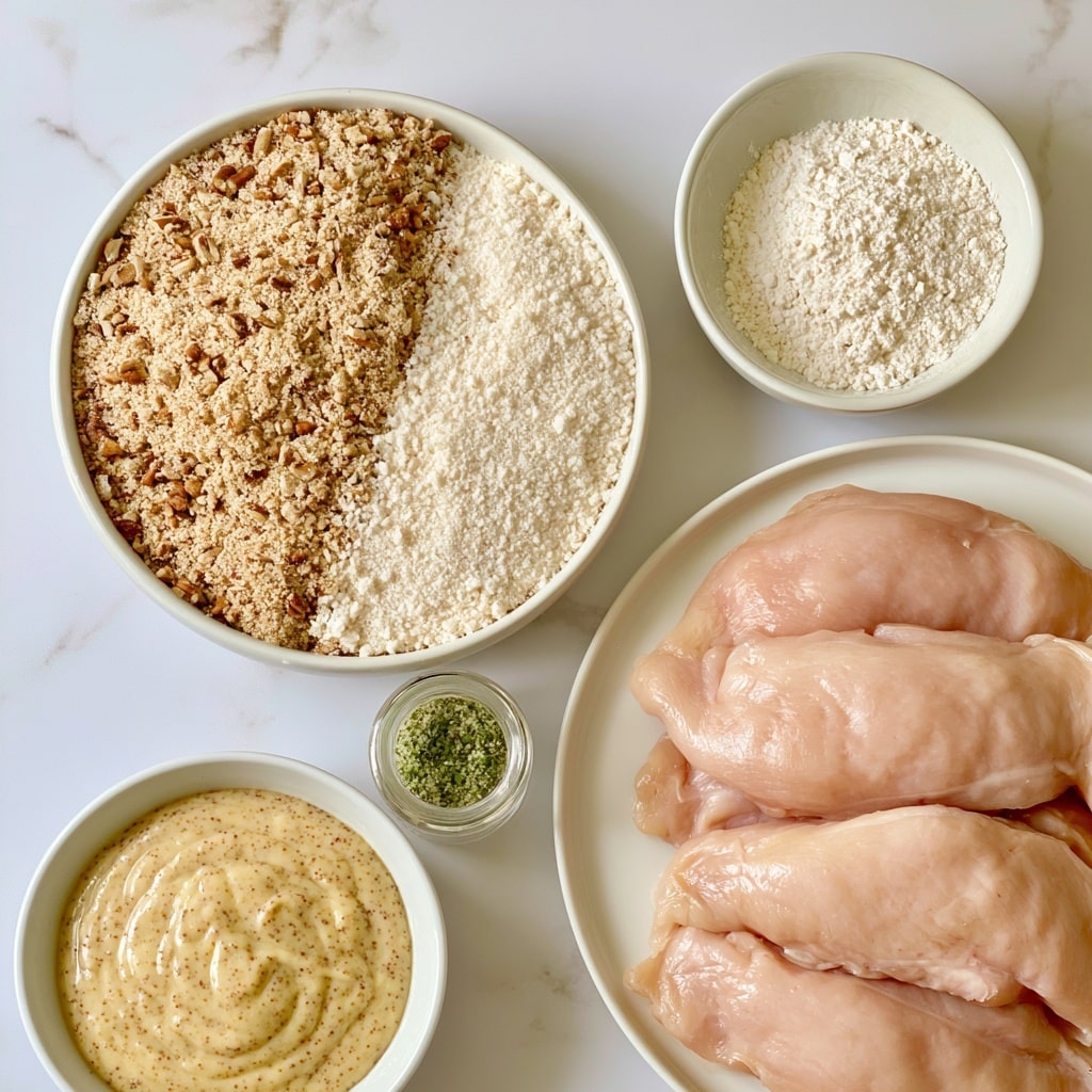 The image shows six items arranged on a white marbled surface. At the top right, a small white bowl holds fine, white all-purpose flour. Below it, to the left, a larger white bowl is divided into two equal halves: one side contains light tan ground pecans with small brown bits, and the other side has white panko breadcrumbs with a slightly coarse texture. Below this bowl, a tiny clear glass jar contains green onion salt with a powdery texture. To the right of the onion salt jar, a white plate holds several smooth, pale pink raw chicken cutlets. At the bottom left, a round white bowl contains a creamy honey mustard sauce with a smooth, slightly thick texture and a light yellow color. photo taken with an iphone --ar 4:5 --v 7