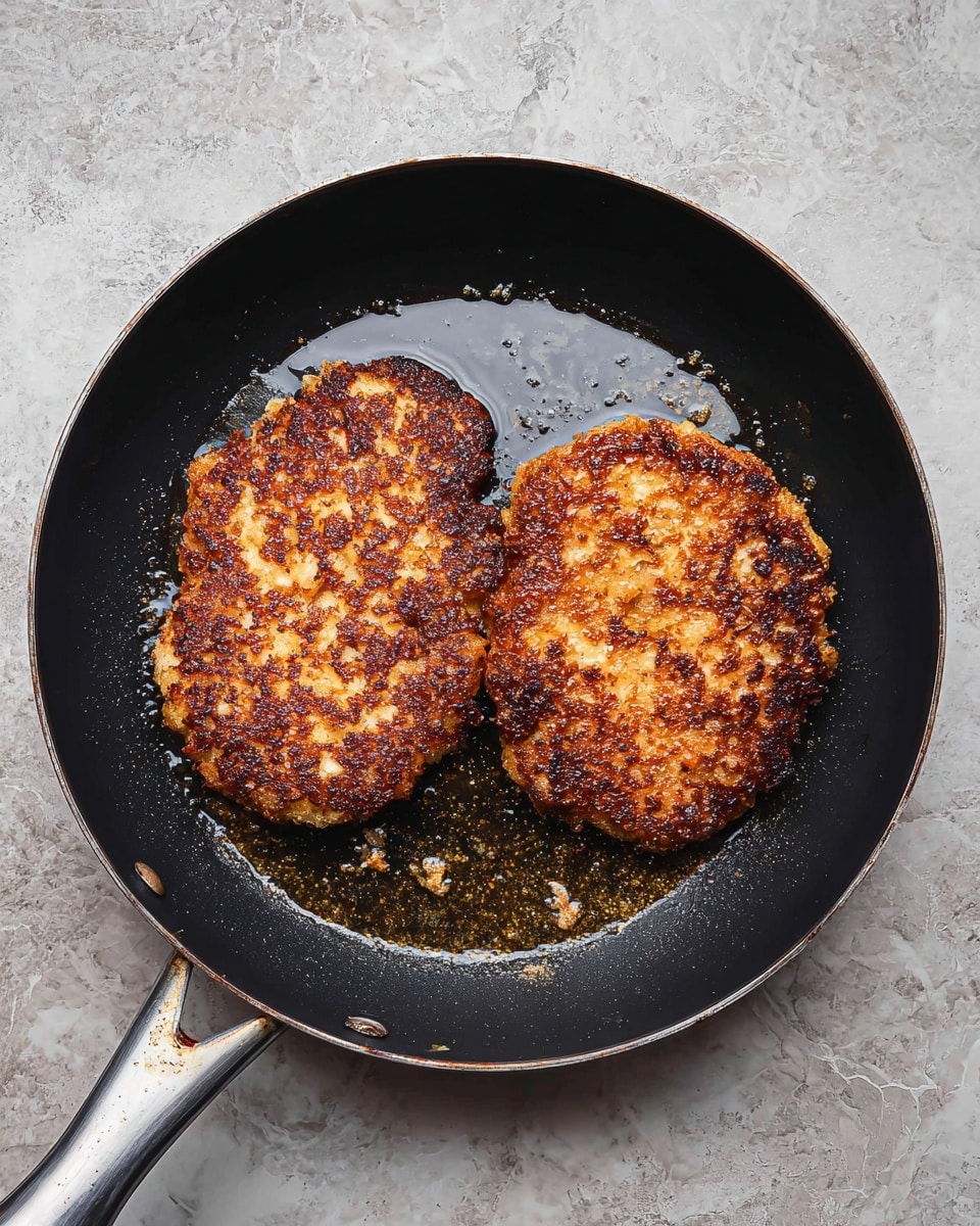 A black frying pan holds two fried patties with a golden brown, crispy outer layer with a mix of darker and lighter brown spots, giving them a coarse texture. The patties are irregular oval shapes placed side by side near the center of the pan. There are small pools of oil around the patties that reflect light and tiny bits of fried crumbs scattered across the pan's surface. The pan rests on a white marbled texture surface. photo taken with an iphone --ar 4:5 --v 7