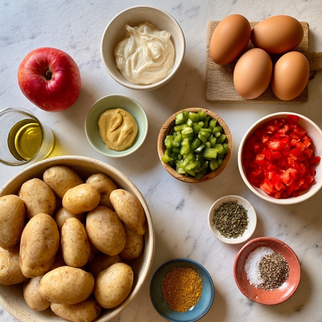 A top-down view of various ingredients arranged on a white marbled surface, including a large bowl filled with many smooth, light brown potatoes at the bottom left, a small white bowl of creamy white mayo at the top center, four brown eggs placed on a small wooden board top right, a whole red apple on the left, a small light green bowl with yellow mustard near the center, a small wooden bowl filled with diced green bell pepper near the middle, a white bowl of diced red bell pepper on the right, a small white dish with dried oregano near the bottom right, a reddish small bowl holding salt and black pepper mix, a small blue bowl with yellow adobo seasoning at the bottom, and a small glass of olive oil close to the left side. All items are spaced evenly and clearly visible. Photo taken with an iphone --ar 4:5 --v 7