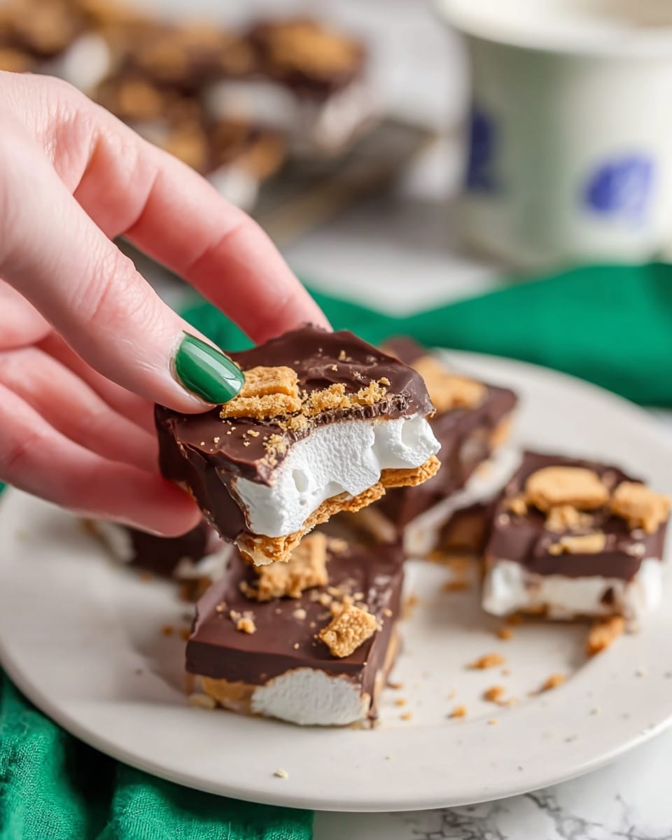 A close-up view shows a woman's hands with green nail polish pulling apart a layered snack. The snack has a bottom layer of white, sticky marshmallow, a middle layer of smooth dark chocolate, and the top is sprinkled with broken pieces of golden brown cookie. In the background, a white plate holds more of the same snacks, all sitting on a white marbled surface. A blurred green cloth and a white cup with a blue design are also visible behind the plate. photo taken with an iphone --ar 4:5 --v 7