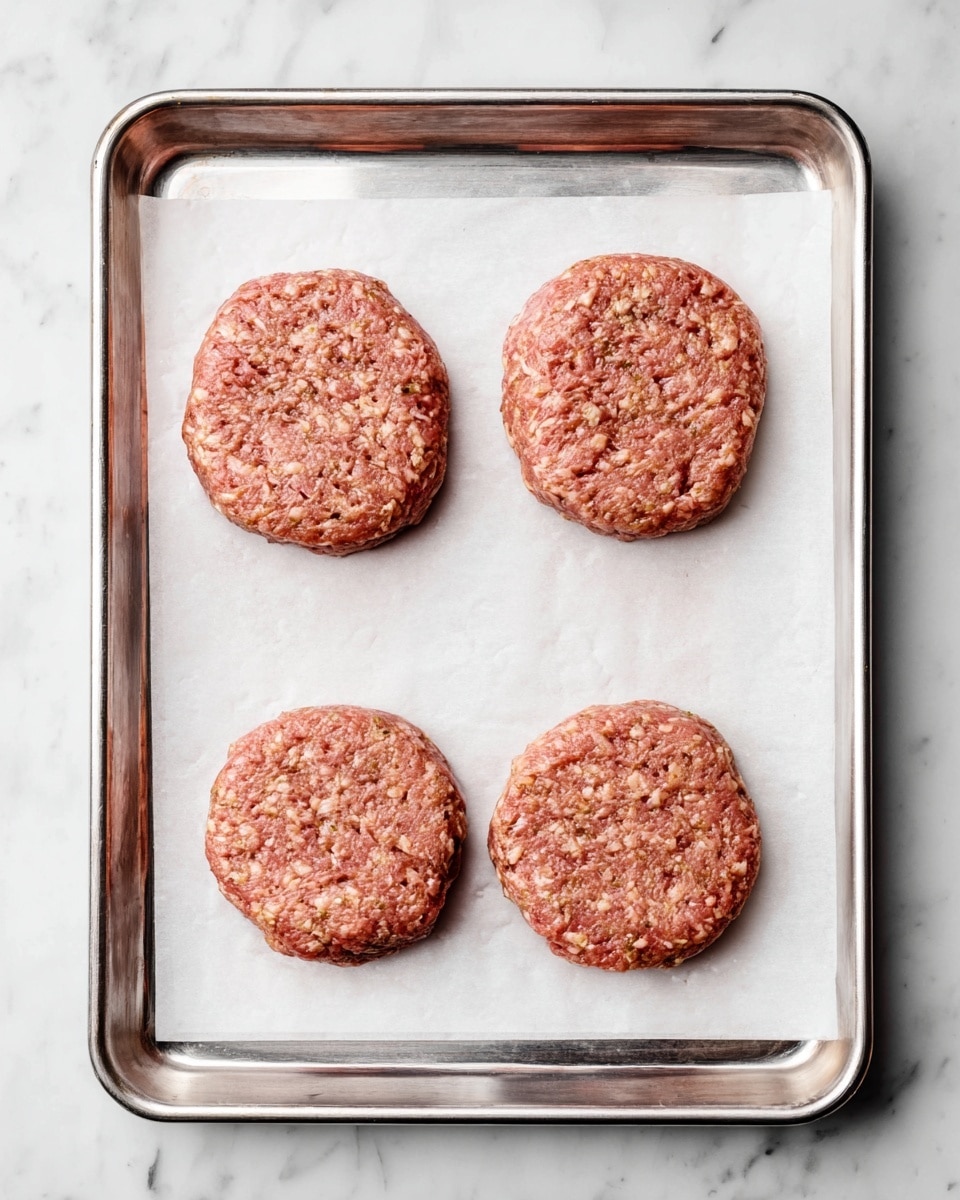 The image shows four raw burger patties placed evenly in a 2x2 grid on a large silver baking sheet. The baking sheet is lined with white parchment paper. Each patty is round and thick, with a pinkish-brown color, having a rough and slightly uneven texture with small bits of ingredients visible throughout. The baking sheet rests on a white marbled surface. photo taken with an iphone --ar 4:5 --v 7