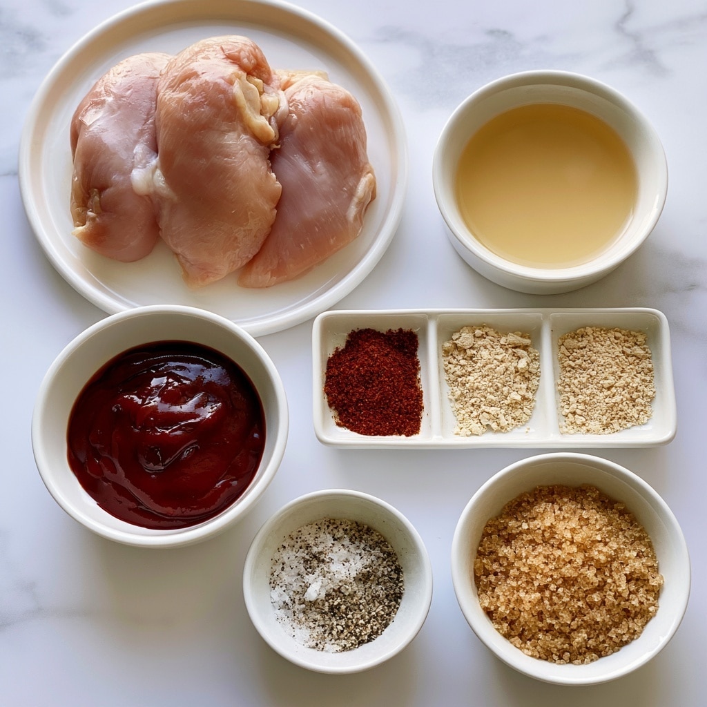 The image shows several white dishes arranged neatly on a white marbled surface. At the top left, a round white plate holds three pieces of raw chicken with a pale pink color and smooth texture. To the right, a small white bowl contains a light yellowish liquid, apple cider vinegar. Below that, another white bowl is filled with dark red, thick BBQ sauce with a glossy texture. Next to it, a white divided dish has three sections, each with a finely textured spice powder: smoked paprika in deep red, onion powder in an off-white shade, and garlic powder in light beige. Below that, a small white bowl has a mix of salt and black pepper, visibly coarse with white and black granules. Finally, at the bottom right, a white bowl holds brown sugar with a coarse crumbly texture and light to medium brown color. Photo taken with an iphone --ar 4:5 --v 7