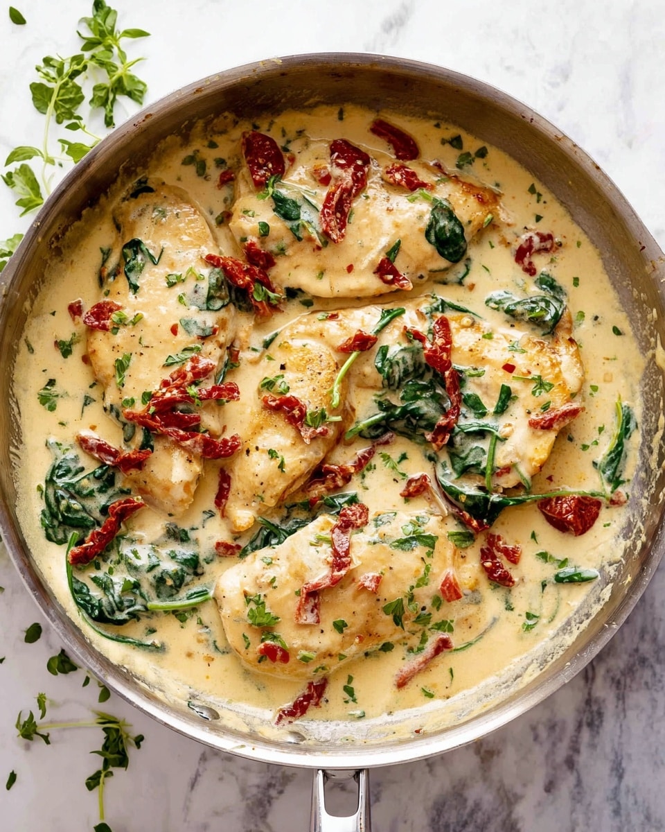 This image shows a frying pan filled with several pieces of light golden chicken layered and covered in a creamy white sauce mixed with red sun-dried tomato strips and fresh dark green spinach leaves. The chicken pieces are partly submerged in the sauce which has a smooth texture and a pale yellow tint. There are small bits of finely chopped green herbs sprinkled on top and around the edges. The pan sits on a white marbled surface with some scattered green herbs around it. Photo taken with an iphone --ar 4:5 --v 7