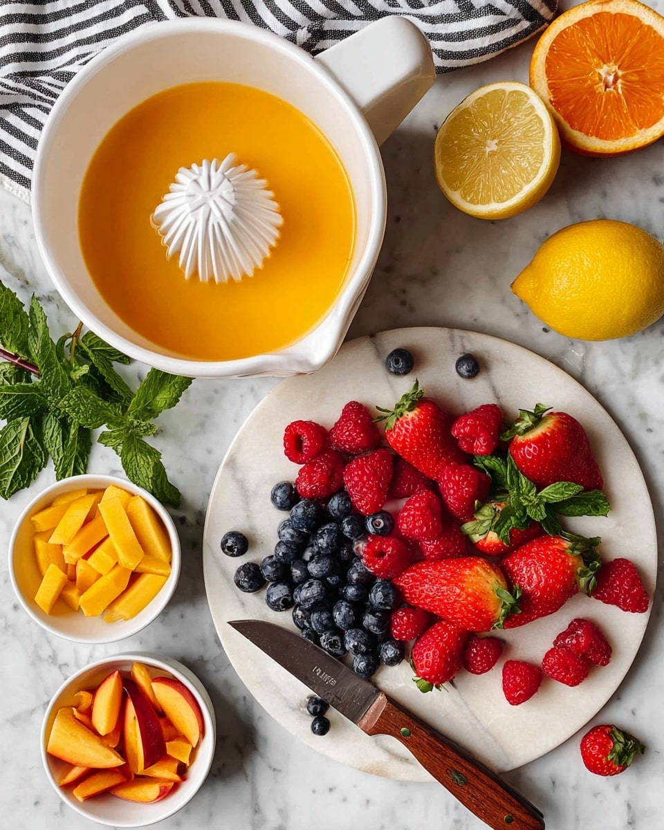 The image shows a white juicer bowl filled with bright orange juice and a central white ridged juicing cone. Below it, a white round marble cutting board holds a mix of fresh berries, including dark blue blueberries, deep red raspberries, and red strawberries, some cut in halves with green leaves attached. A sharp knife with a brown wooden handle rests diagonally on the board. Above the board, a squeezed, half lemon sits alongside a halved orange on a white marbled surface with a black and white striped cloth next to them. At the bottom left corner, there are small white bowls filled with sliced bright yellow peach and orange papaya pieces. A bunch of fresh green mint leaves adds contrast on the left side. Photo taken with an iphone --ar 4:5 --v 7