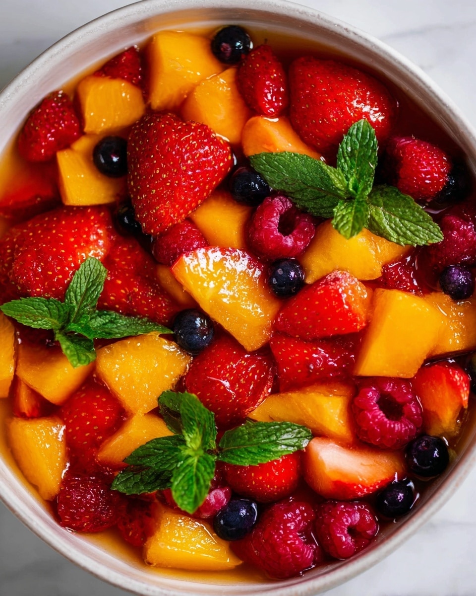 A close-up view of a white bowl filled with mixed fruit salad showing three main layers: bright red strawberries, deep red raspberries, and small dark blue blueberries scattered throughout. The middle layer features chunks of orange melon and yellow peaches mixed together, all soaked in light syrup that makes the fruits shiny and juicy. Fresh green mint leaves are placed on top and among the fruits for a touch of color contrast, all sitting on a white marbled surface. Photo taken with an iphone --ar 4:5 --v 7