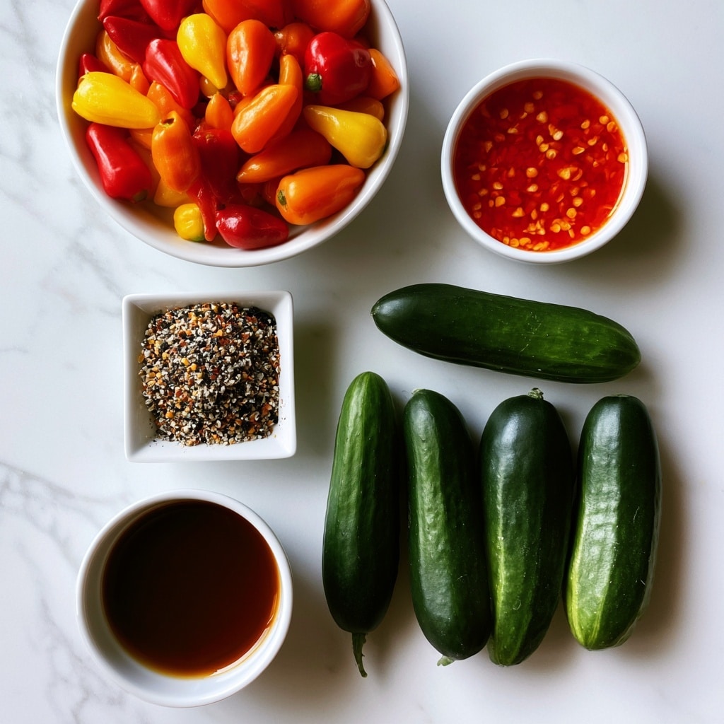 A top view image shows several ingredients placed separately on a white marbled surface. At the top left, a white bowl is filled with a mix of small sweet peppers in red, orange, and yellow colors. To the right, a small white bowl holds bright red chili oil with visible chili flakes. Below and a bit to the left is a small white square dish containing a mix of