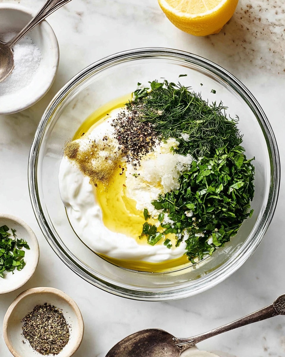A clear glass bowl sits on a white marbled surface, filled with layers of ingredients for a sauce. The bottom layer is a small pool of light yellow olive oil, topped with a thick white creamy layer of yogurt or sour cream. On top of the white layer, there are scattered spices: coarse black pepper, white salt, and minced pale yellow garlic. Two separate piles of fresh green herbs, one dark and leafy and the other finely chopped and lighter green, sit next to the spices. Around the bowl, there are small white bowls with extra herbs and seasonings, a silver spoon, and half of a yellow lemon. Photo taken with an iphone --ar 4:5 --v 7