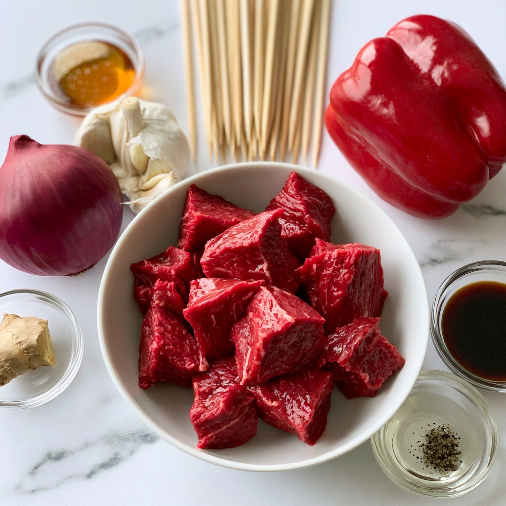 The image shows fresh ingredients laid out on a white marbled surface. At the center, a white bowl holds bright red sirloin steak cut into thick chunks with a slightly glossy texture. Above the bowl are light wood skewers lined up in a neat row. To the right is a whole red bell pepper with a shiny and smooth surface. To the left is a medium-sized red onion with smooth skin, next to a bulb of white garlic with some cloves showing. In small clear glass bowls around the main bowl are a small piece of light brown ginger, a golden amber honey, clear oil, dark brown soy sauce, and a small pile of black pepper. The whole setup is clean and well-lit, with labels identifying each ingredient. Photo taken with an iphone --ar 4:5 --v 7