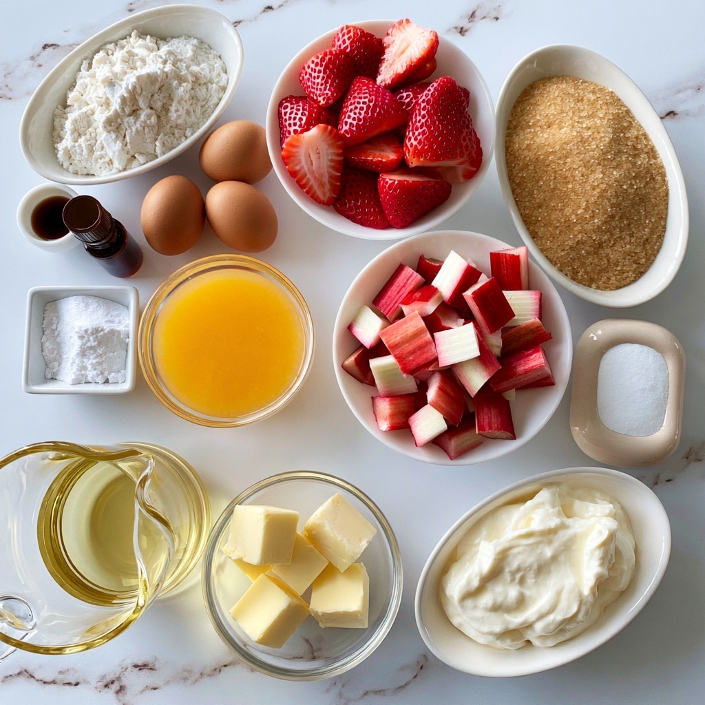 The image shows a flat lay of various white bowls and a clear glass container on a white marbled surface, each filled with different baking ingredients for muffins. Starting from the top left, there is a white oval bowl filled with white flour, next to it a small round white bowl with dark brown vanilla extract, and near them, two brown eggs. Below this, a small square white bowl contains white baking powder, while a round clear glass holds bright orange juice. In the center, a white bowl is filled with sliced bright red strawberries, and below it, another white bowl holds chopped red and white rhubarb. Next to this is a larger oval white bowl packed with light brown sugar, and nearby, a smaller rounded rectangular white bowl contains white baking soda. Towards the lower left, there's a clear glass pitcher with light yellow canola oil, beside a small round glass bowl with several pale yellow butter cubes, and lastly, a white oval bowl filled with creamy white sour cream. Each ingredient is clearly visible with distinct colors and textures arranged neatly. Photo taken with an iphone --ar 4:5 --v 7