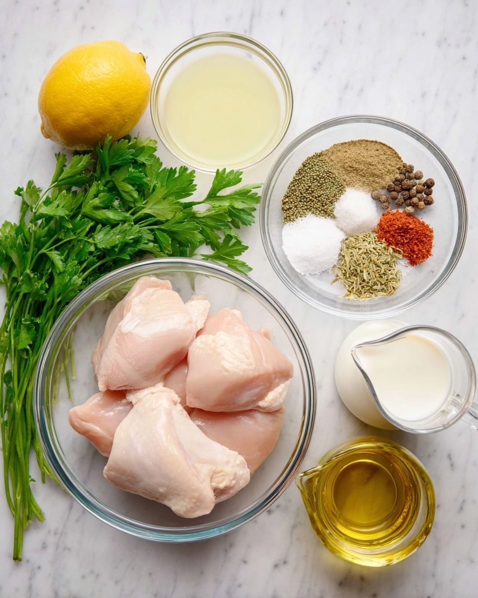 The image shows raw chicken pieces placed in a clear glass bowl on a white marbled surface. To the left, fresh green parsley leaves rest beside a whole yellow lemon. Above the parsley, a clear glass bowl holds a mix of dry spices with different colors including light brown, greenish, black, white, and red. Near the spices is a small clear glass container of light yellow liquid, likely broth or juice. Below the spices, a small clear jug holds white milk or cream, and to the right of everything, another small clear glass bottle contains golden olive oil. All items are neatly arranged and visible from above, showing fresh, natural ingredients. Photo taken with an iphone --ar 4:5 --v 7