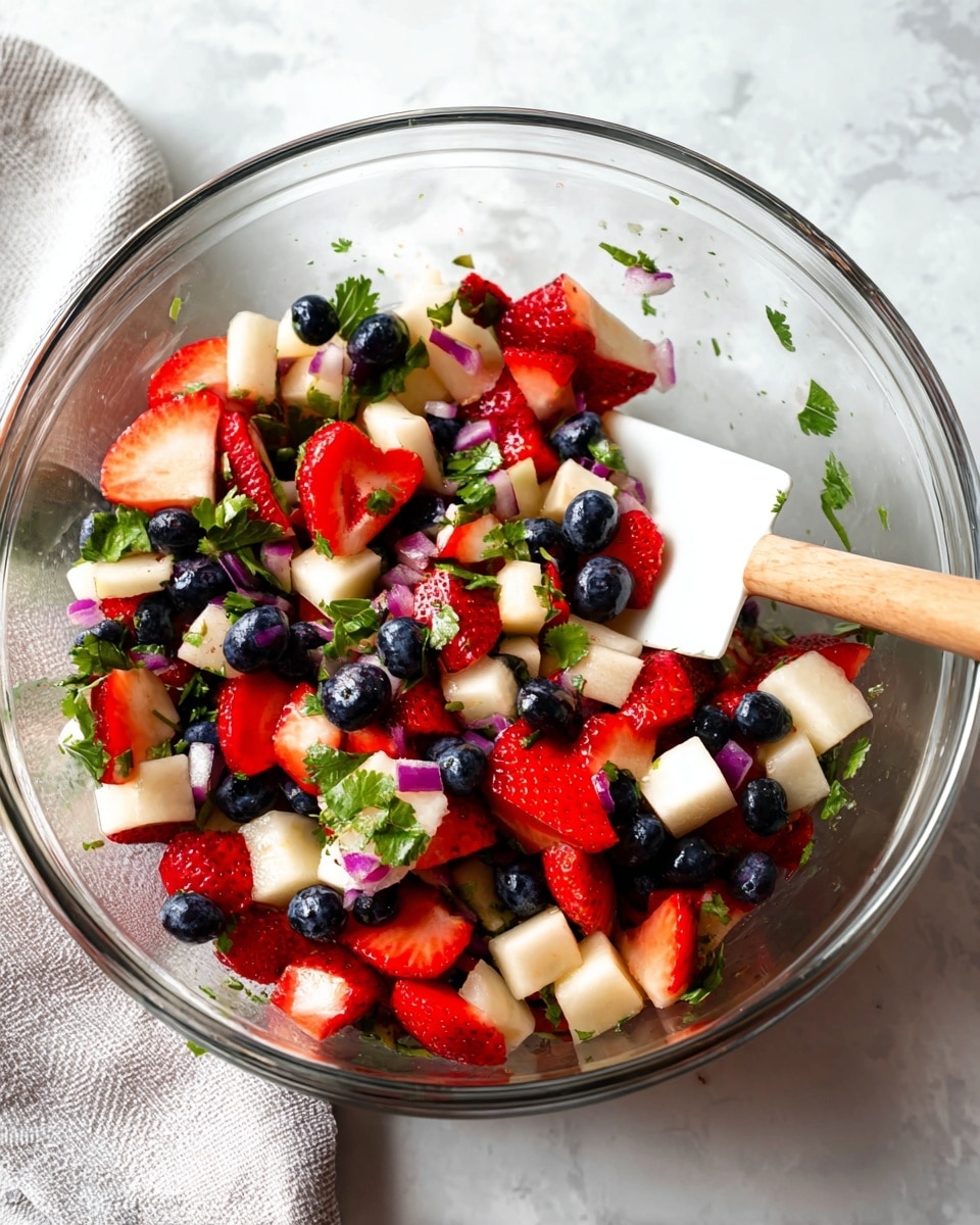A white bowl filled with a colorful mix of chopped fruits and herbs, including red strawberry pieces, dark blue blueberries, white jicama cubes, and scattered green cilantro leaves. A silver spoon rests inside the bowl on the right side. Two lime wedges sit on the left side of the bowl top. The bowl is placed on a gray plate, and the whole setup is on a white marbled surface. Around the main bowl, there are small white bowls with chopped strawberries and blueberries, diced jicama with red onion, and fresh cilantro sprigs. Photo taken with an iphone --ar 4:5 --v 7