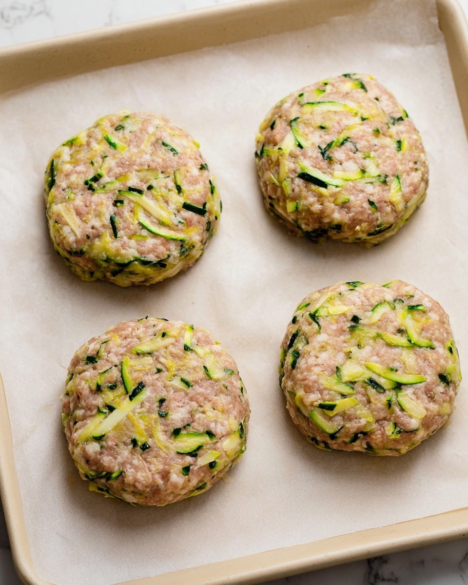 The image shows four raw, round patties on a sheet of white parchment paper placed on a baking tray. Each patty has three visible layers: a mix of light pink and beige ground meat combined with bright green and pale yellow shredded zucchini, giving a speckled look. The patties have a slightly uneven texture with small bits of zucchini visible throughout. The baking tray is light beige, and the background is a white marbled surface. photo taken with an iphone --ar 4:5 --v 7