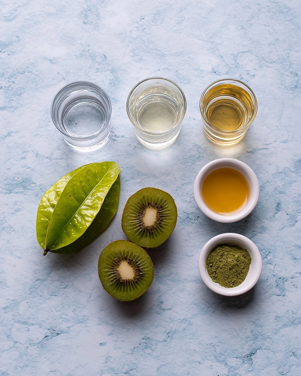 The image shows a star fruit and a kiwi placed side by side on a white marbled surface. Above them, two clear glasses are positioned, one filled with clear water and the other with a light yellow liquid. To the right of the fruits are two small white bowls, one containing green powder and the other holding a small amount of golden liquid. The colors are natural and fresh, creating a clean and simple food setup. photo taken with an iphone --ar 4:5 --v 7