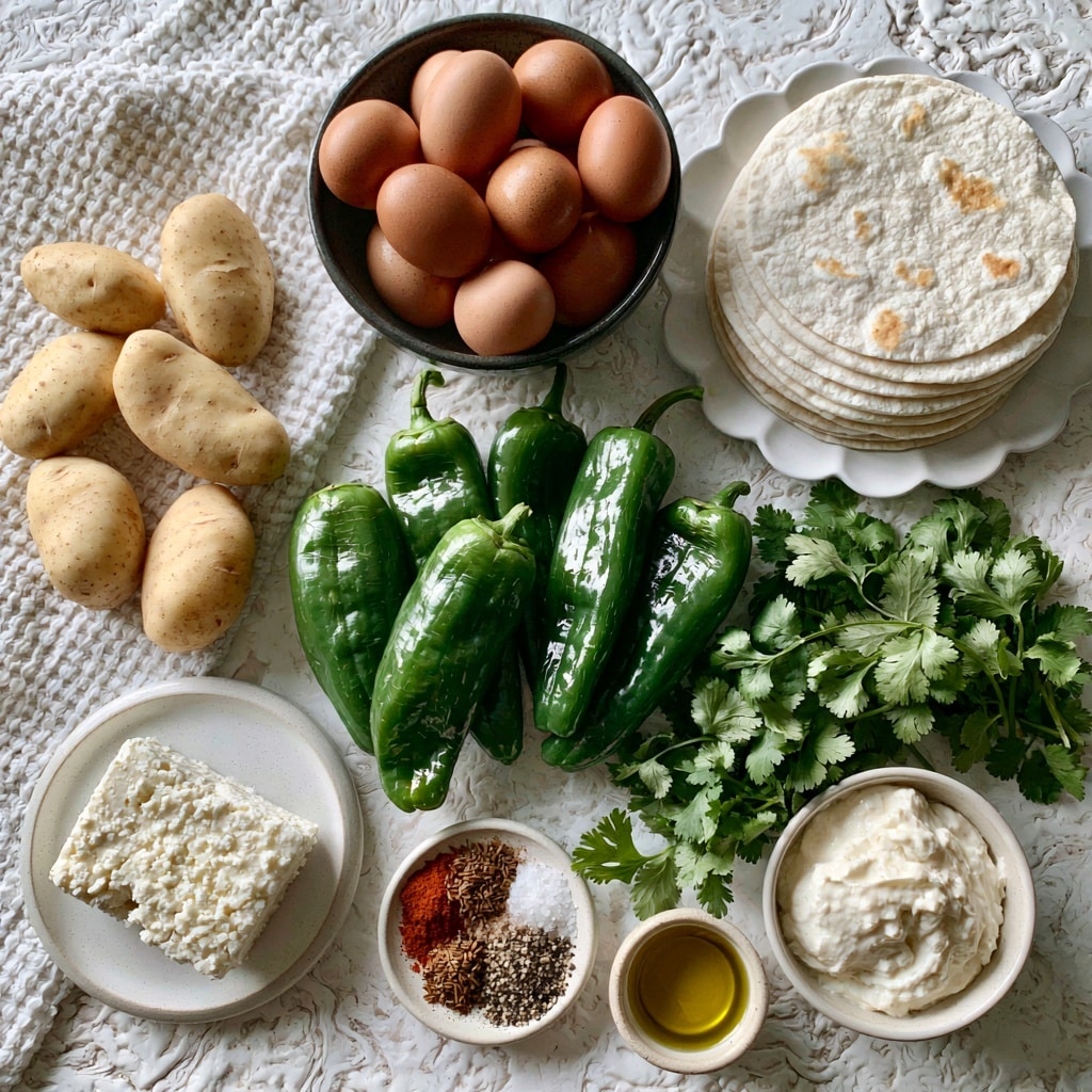 A top-down view of ingredients arranged on a white marbled textured surface, including a dark bowl filled with seven brown eggs near the top center, a stack of six white flour tortillas with some light brown spots on a white scalloped plate to the right, and five light tan potatoes placed on a textured white cloth to the left. In the center are six large green hatch chilis with shiny skin, surrounded by fresh green cilantro leaves on the lower right, a round white plate with a block of white cotija cheese on the lower left, a small round white bowl with a mix of spices (red paprika, brown cumin, white kosher salt, and black pepper) near the bottom center, a small white bowl of creamy white sour cream at the lower right, and a small white bowl of golden avocado or olive oil near the sour cream. The setup is neat and clear with natural lighting, photo taken with an iphone --ar 4:5 --v 7