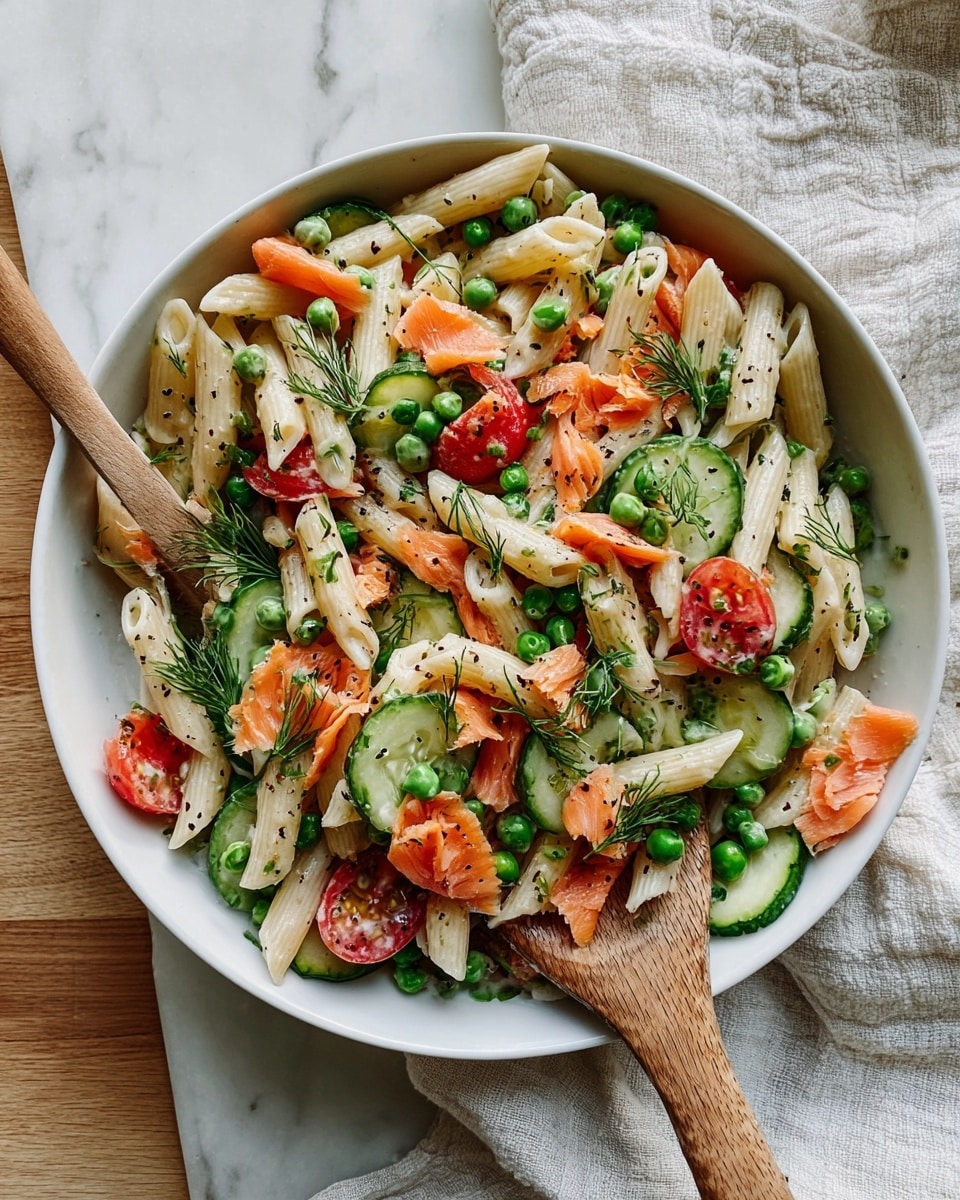 A white bowl filled with a colorful pasta salad, with layers including white penne pasta, bright green peas, thin slices of green cucumber, and small red cherry tomato halves. Thin, curled orange-pink slices of smoked salmon are scattered evenly throughout, along with small sprigs of fresh green dill. The dish is lightly sprinkled with black pepper and finely chopped herbs, creating spots of dark green and black. A wooden spoon is resting in the bowl, slightly lifting some of the salad. The bowl sits on a white marbled surface partially covered by a soft, textured white cloth. Photo taken with an iphone --ar 4:5 --v 7