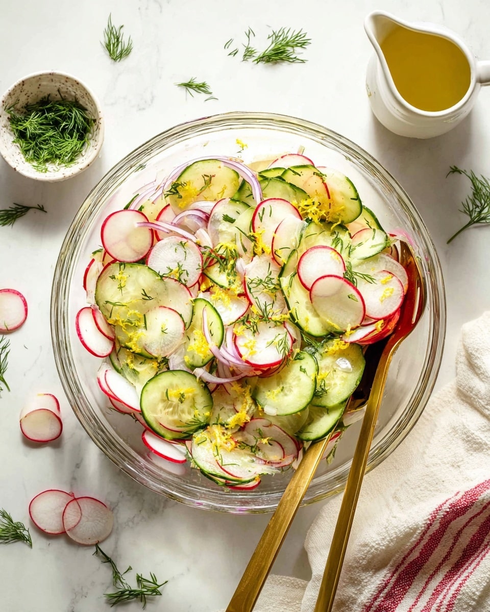 A clear glass bowl filled with thinly sliced layers of cucumber and radish, arranged loosely so green cucumber circles with textured skin alternate with white radish slices edged in bright red. Thin rings of light purple shallots peek through the vegetables, and small green dill sprigs are scattered over the top and mixed throughout. Bright yellow lemon zest pieces are also sprinkled across the salad. Two gold-colored serving spoons rest inside the bowl, leaning at an angle. The bowl sits on a white marbled surface with scattered dill leaves around it, a small white bowl containing chopped dill nearby, and a white textured small pitcher with light yellow dressing in the upper right corner. A cream cloth with red stripes lies at the bottom right corner. photo taken with an iphone --ar 4:5 --v 7