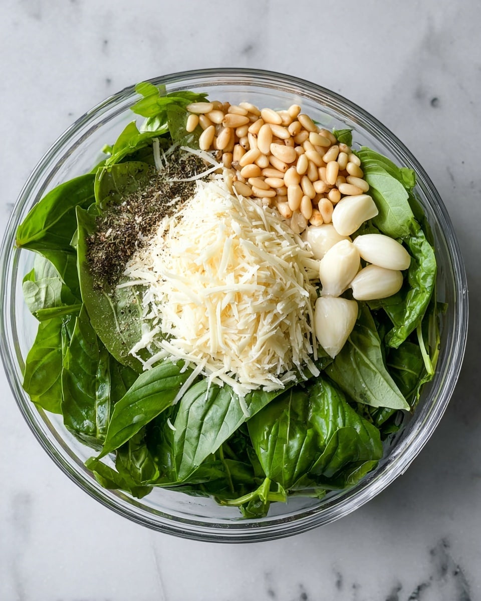 A clear bowl on a white marbled surface holds fresh green basil leaves spread around the sides. On top of the leaves are three white garlic cloves on the right side, a pile of pale brown pine nuts near the top, and a heap of shredded white cheese on the left. Light black pepper and some salt are sprinkled over the basil leaves. In the center, there is a round empty space from the bowl's design. photo taken with an iphone --ar 4:5 --v 7