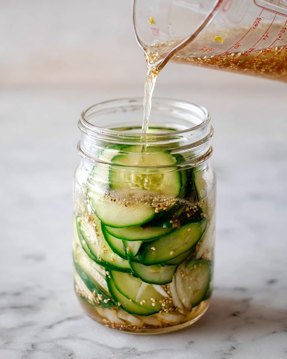 A close-up shows a glass jar filled with thinly sliced cucumber and onion layers, soaked in a light pickling liquid with visible seeds and spices floating inside. A clear measuring cup pours more of the light brown pickling liquid into the jar from the top right. The jar sits on a white marbled surface against a soft, light background. The textures of the cucumber slices are smooth and wet, while the liquid is clear with tiny bubbles and mustard seeds scattered throughout. photo taken with an iphone --ar 4:5 --v 7