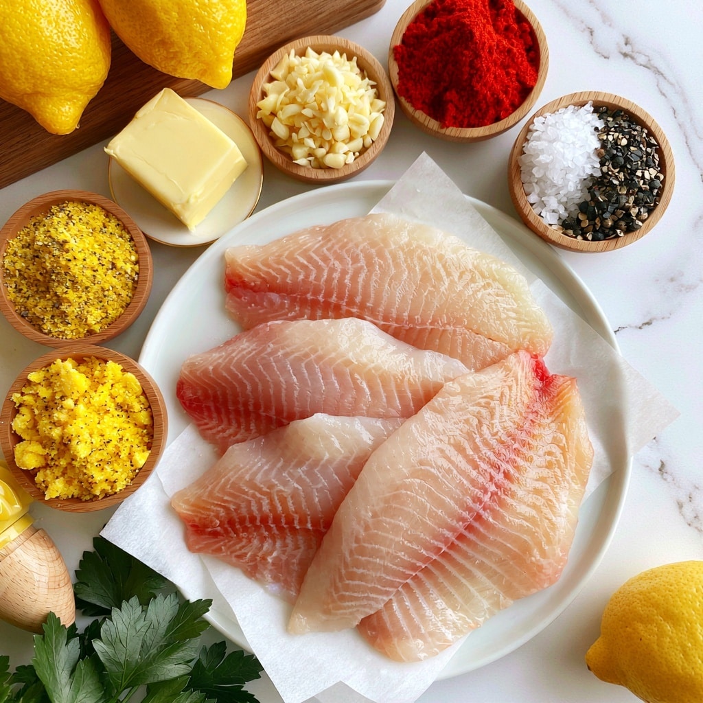 The image shows a flat white plate with four raw tilapia fillets placed on white paper, showing a light pink and translucent texture with visible lines. Surrounding the plate are ingredients arranged in small round wooden bowls: bright yellow lemon pepper seasoning with a crumbly texture, creamy yellow butter block on a small plate, finely chopped garlic in a small bowl, vibrant red paprika powder, coarse white salt, and cracked black pepper. Two whole bright yellow lemons rest on a wooden board at the top left and one lemon lies on the white marbled surface to the right. Fresh green parsley sits at the bottom left corner. A wooden lemon squeezer is partly visible on the bottom left photo taken with an iphone --ar 4:5 --v 7