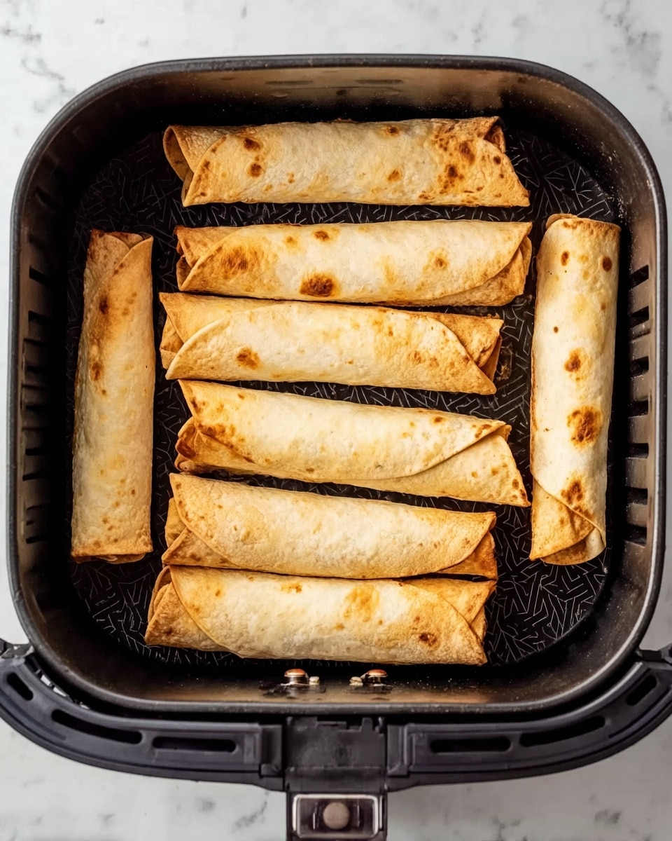 The image shows seven rolled, golden-brown taquitos placed inside a black air fryer basket with a patterned base. Each taquito is tightly wrapped with slightly crispy edges and lightly browned spots on the surface, arranged in a random but neat manner, some lying horizontally and others angled. The air fryer basket contrasts with the white marbled background beneath. photo taken with an iphone --ar 4:5 --v 7