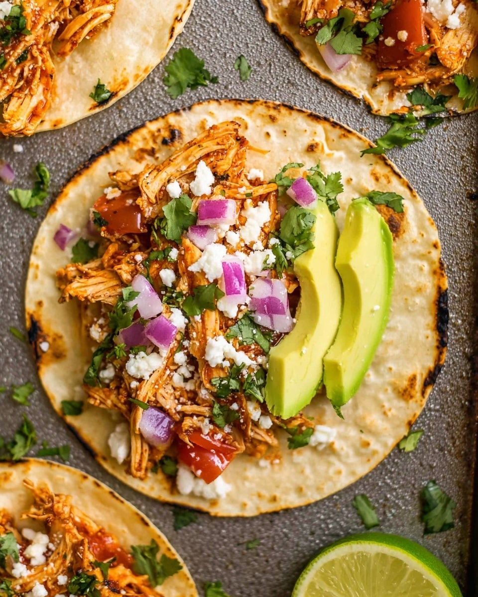 A close-up view of a soft, lightly charred tortilla topped with shredded orange-brown chicken mixed with small pieces of red tomato and garnished with bright green cilantro leaves. Scattered across the chicken are small diced purple-red onions and crumbled white cheese. Three slices of creamy light green avocado rest neatly on one side of the tortilla. The taco is placed on a textured gray surface, with a wedge of green lime nearby and parts of other similar tacos around it. photo taken with an iphone --ar 4:5 --v 7