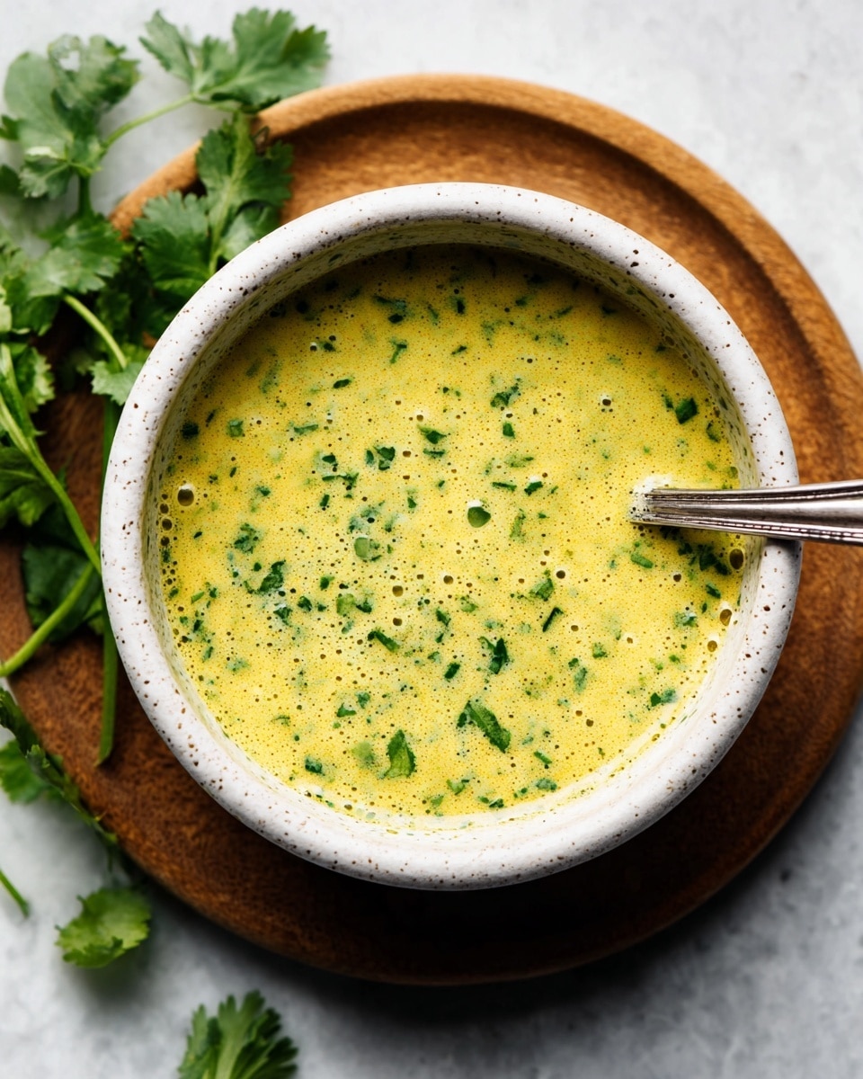 A close-up of a white speckled bowl filled with a greenish yellow sauce that has small green herb pieces mixed inside. The bowl rests on a round wooden board on a white marbled surface. Some fresh green cilantro leaves are scattered around the bowl. A metal spoon is partially submerged in the sauce, and the lighting highlights the smooth texture and tiny bubbles on the surface. photo taken with an iphone --ar 4:5 --v 7