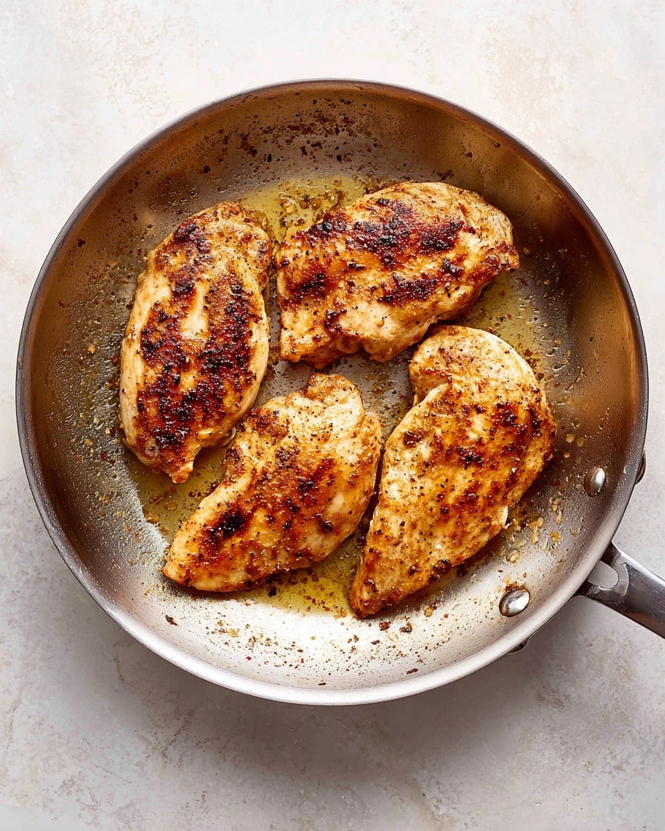 A metal pan with four cooked chicken pieces inside, each piece browned with a slightly crispy texture and some dark spots from cooking, arranged in a loose circular pattern. The pan has a slight shine from oil and small browned bits on the surface. The white marbled background is lightly textured and clean, making the pan stand out. photo taken with an iphone --ar 4:5 --v 7