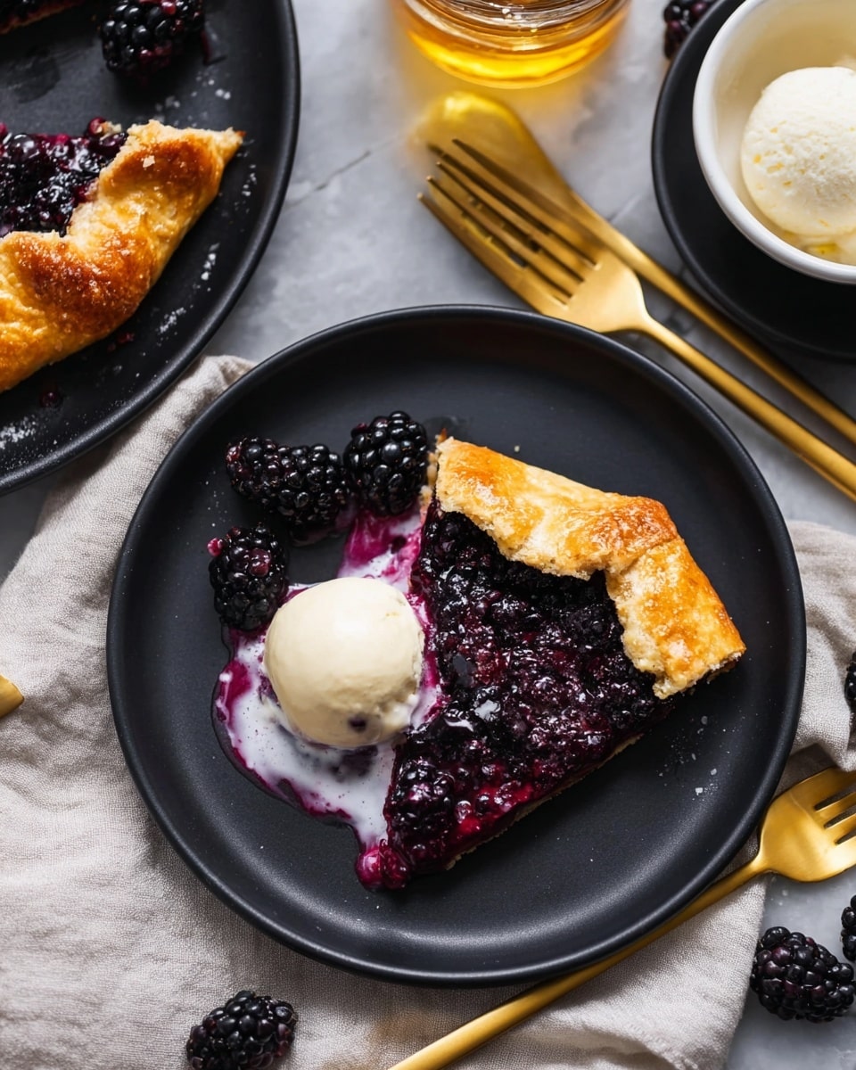 A slice of blackberry galette with a golden, flaky crust forms the top and right side edges on a matte black plate, with a thick layer of dark purple blackberries filling the center and left side of the slice. A scoop of melting vanilla ice cream is placed on the left edge of the slice, with white cream and purple blackberry juice flowing beneath it, blending softly with the dark plate. The plate sits on a white marbled textured surface with a light-colored cloth beneath it, showing a whole blackberry nearby, with part of a whole galette visible in the upper left. Near the plate, two golden forks and a clear jar of honey are visible on the white marbled texture background, and a white bowl with extra vanilla ice cream is partly seen on the top right. Photo taken with an iphone --ar 4:5 --v 7