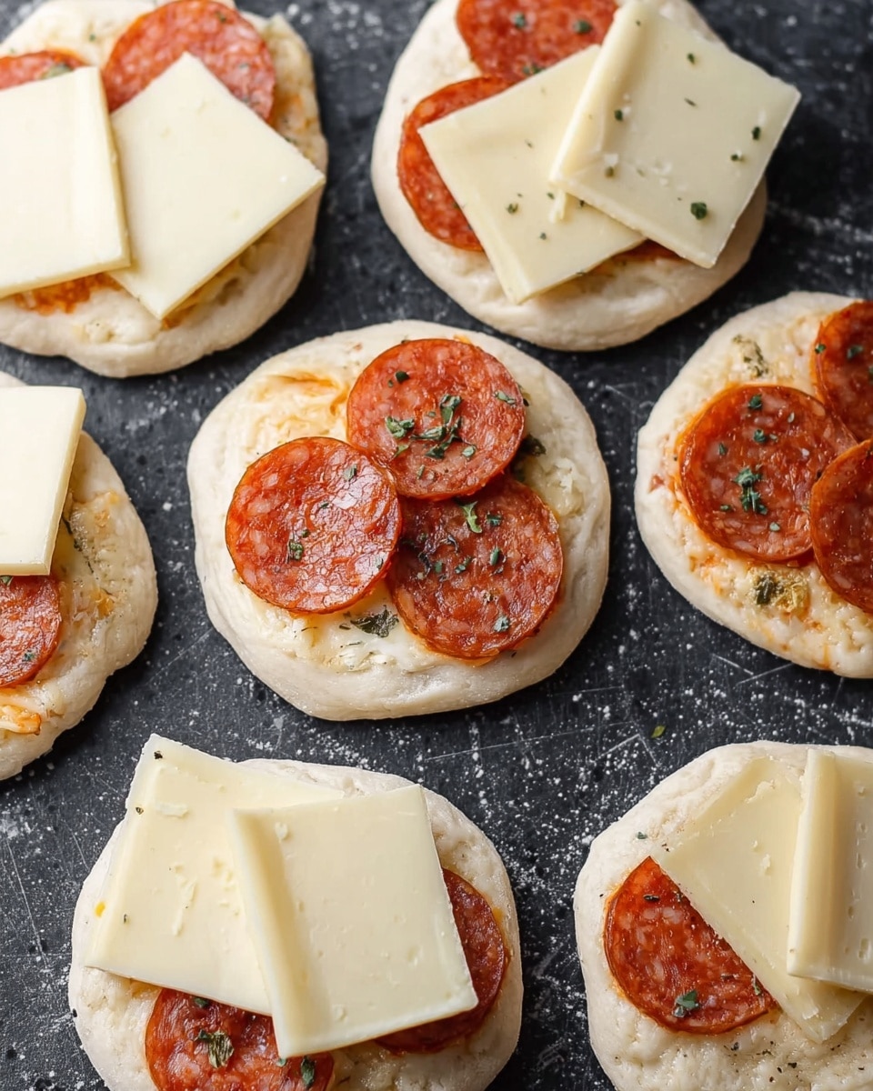 The image shows small, round, pale dough bases arranged on a dark scratched surface, each topped with either thin slices of reddish-orange mini sausages sprinkled with green herbs or thick square slices of creamy white cheese. The dough looks soft and slightly uneven around the edges, with some toppings covering most of the dough surface. The mini sausages have a slightly shiny texture while the cheese appears smooth and solid, stacked in layers of about five slices on some pieces. The arrangement is scattered but close together. photo taken with an iphone --ar 4:5 --v 7