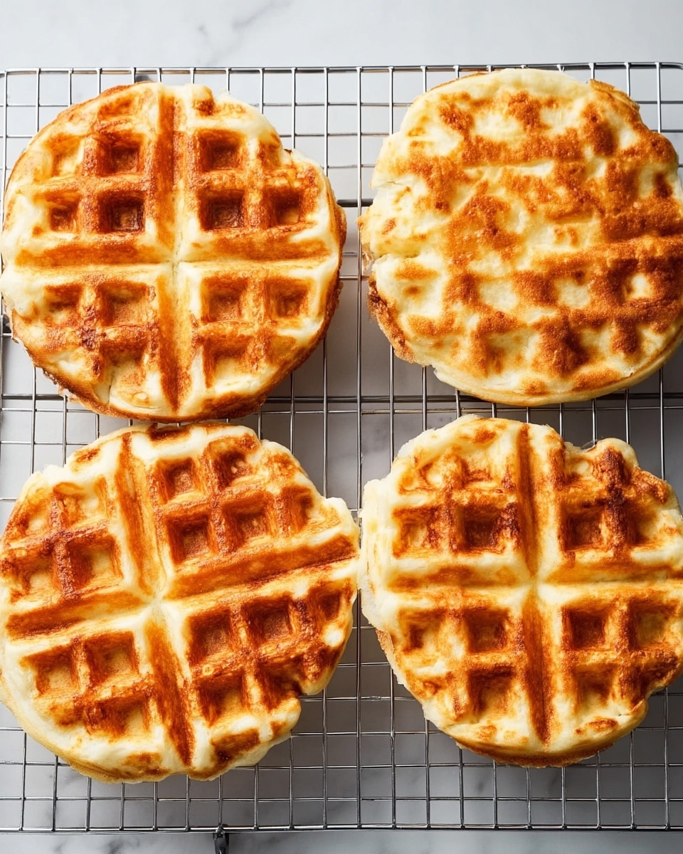 Four round waffles are placed on a metal cooling rack, each with a golden brown top surface that shows a crisp grid pattern. The waffles appear thick with slightly uneven edges, and their soft inside is faintly visible in some places. The cooling rack rests on a white marbled surface, adding a clean and bright contrast to the waffles' warm tones. photo taken with an iphone --ar 4:5 --v 7