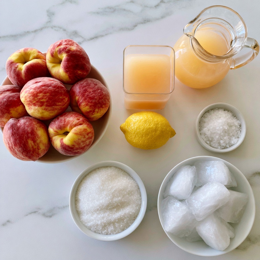 Six whole peaches with red and yellow skin sit in a white bowl on the left. To the right, there is a clear glass pitcher filled with light orange lemon juice, below it a whole bright yellow lemon, and a small round white bowl with coarse white salt. Below the peaches is a round white bowl filled with white granulated sugar, and to the right of that is a white bowl filled with large ice cubes. All items are arranged on a white marbled surface, photo taken with an iphone --ar 4:5 --v 7