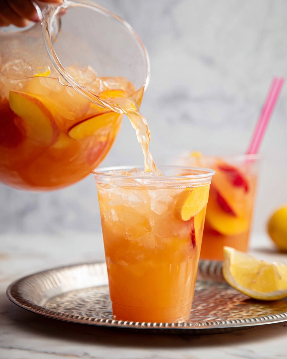 A clear plastic cup filled with a light orange iced drink sits on a silver tray with a hammered texture. Inside the drink, there are ice cubes and slices of bright yellow and reddish-orange fruits. A woman's hand is pouring more of the same orange drink from a large clear glass pitcher into the cup. In the background, there is a second cup filled with the drink, which has a pink straw and fruit slices on top. The whole scene is set on a white marbled surface with a lemon slice visible at the edge. Photo taken with an iphone --ar 4:5 --v 7