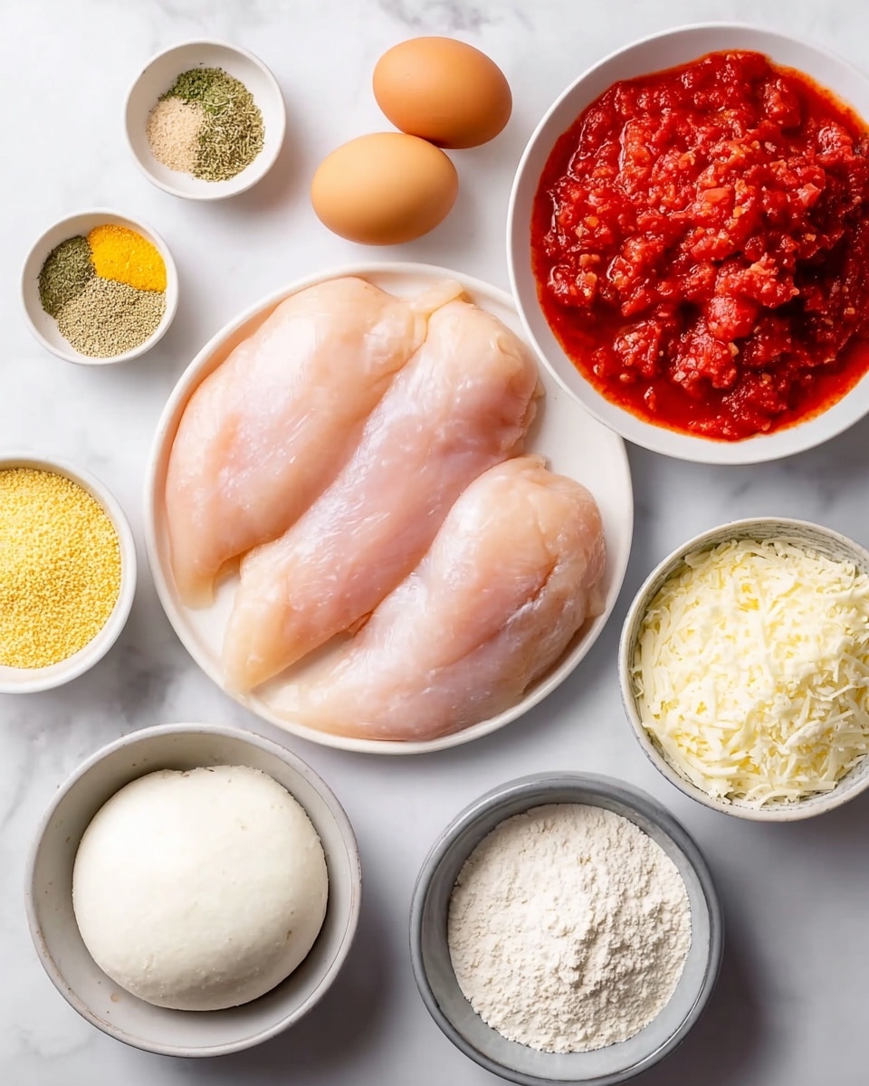 The image shows a group of ingredients laid out on a white marbled surface. At the center is a white plate holding three large, raw chicken breasts, light pink in color with a smooth texture. Above the chicken to the right, a white bowl is filled with bright red crushed tomatoes, showing a slightly chunky texture. To the left of the tomatoes, a small white dish holds four small piles of dry herbs and spices with green, yellow, and beige tones. Below the tomato bowl, there is a small white bowl of fine yellow breadcrumbs. At the bottom center, a white bowl contains a round ball of soft white cheese, smooth and creamy. Next to the cheese, a small gray bowl has a pile of grated white cheese that looks soft and light. Another small white bowl with white flour sits near the breadcrumbs. Two brown eggs rest directly on the marbled surface to the upper left. photo taken with an iphone --ar 4:5 --v 7