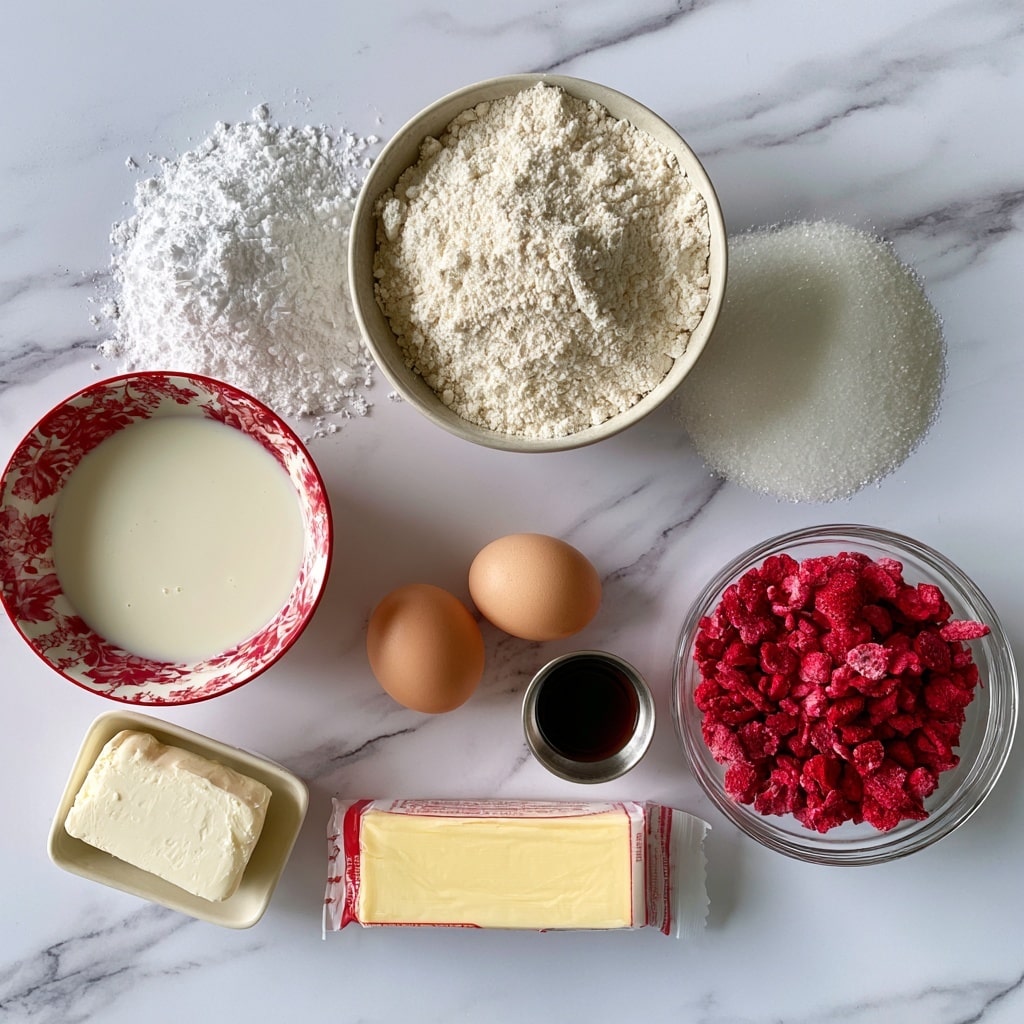 The image shows various baking ingredients arranged on a white marbled surface. In the top center, a white bowl holds a mix of flour, baking powder, and salt, showing a light beige powdered texture. Below and to the left, a white bowl contains powdered sugar with a fine, fluffy white texture. To the right of the powdered sugar, another white bowl is filled with granulated sugar, showing a grainy, bright white texture. On the left side, a white bowl with red floral patterns holds buttermilk, which is a creamy, pale liquid. Below the buttermilk is a small white rectangular dish with a block of cream cheese, smooth and pale in color. Two whole white eggs are placed in the lower middle, smooth and round. Below the eggs is a white stick of salted butter in packaging. Next to the butter, a small metal cup with dark vanilla extract sits. On the right side, a small clear glass bowl holds bright red freeze-dried strawberries, textured and crisp-looking. The setup looks clean and organized, ready for baking. Photo taken with an iphone --ar 4:5 --v 7
