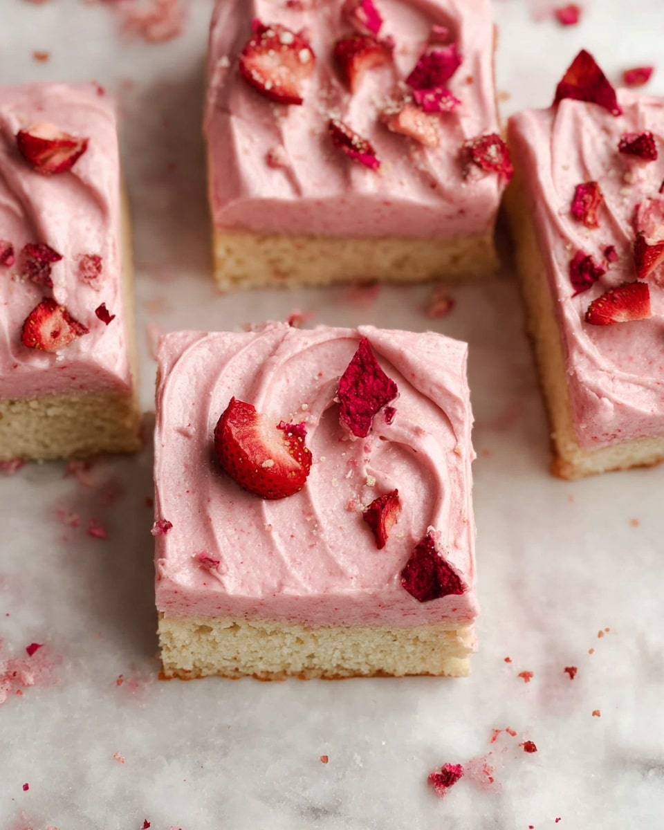 A close-up view of four square cake pieces with two layers: a light cream-colored base layer and a thick, smooth pink frosting layer on top. The frosting has soft swirls and is decorated with scattered small and larger pieces of dried red strawberries spread unevenly across the surface. One piece is slightly separated and angled, showing the clean edges of the cake, all placed on white marbled textured paper, with some strawberry crumbs scattered around. photo taken with an iphone --ar 4:5 --v 7